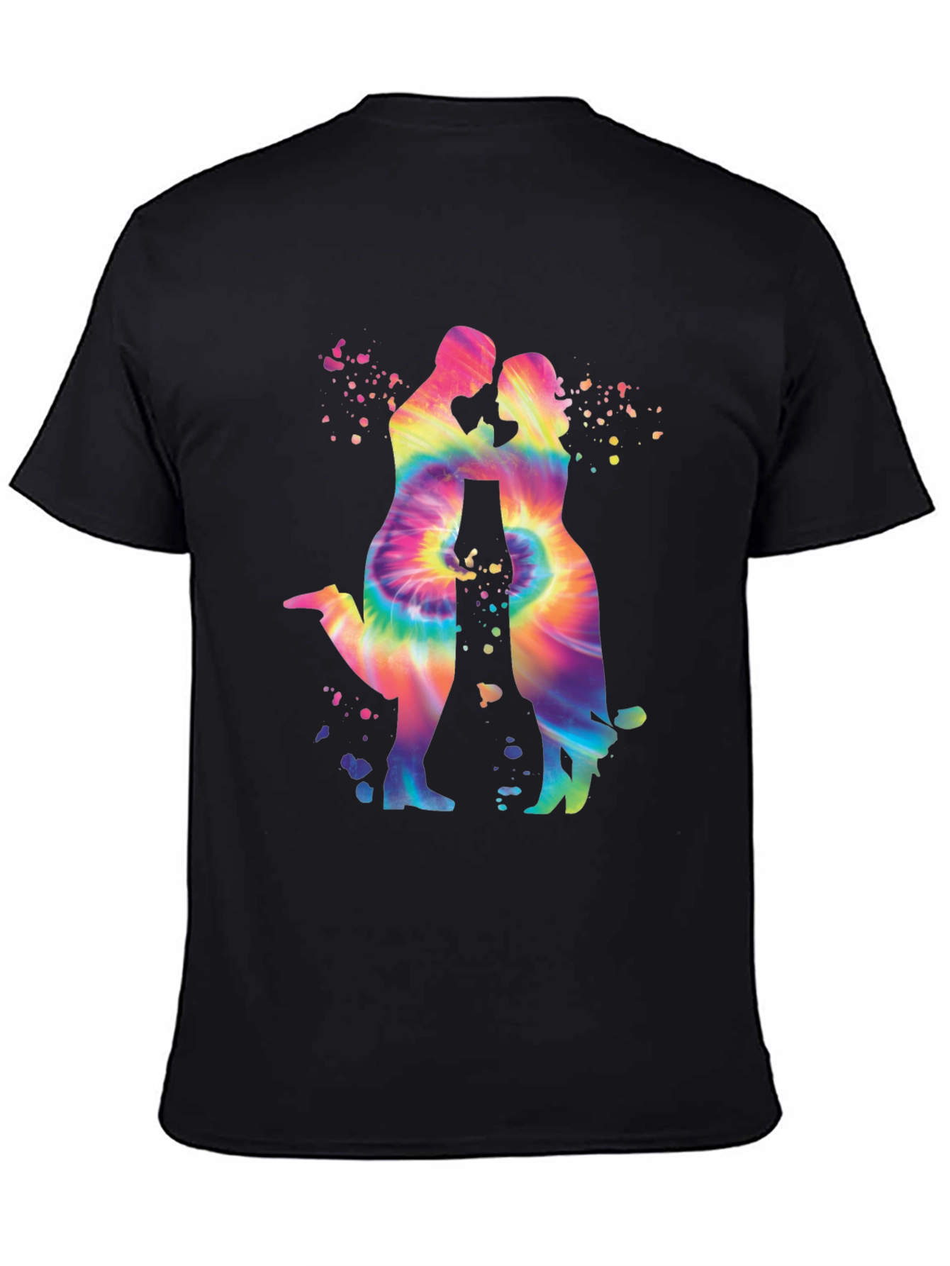 Tie-Dye Couple Silhouette Graphic Tee - Trendy Black T-Shirt
