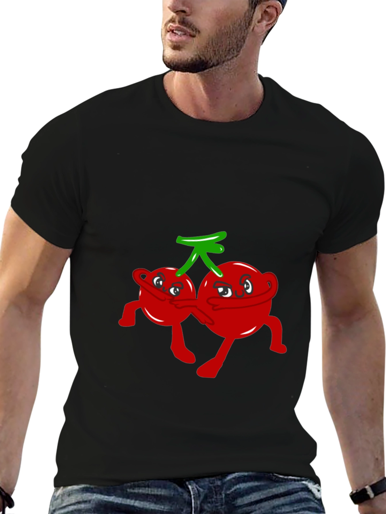 Funny Cartoon Cherry Graphic Tee - Black