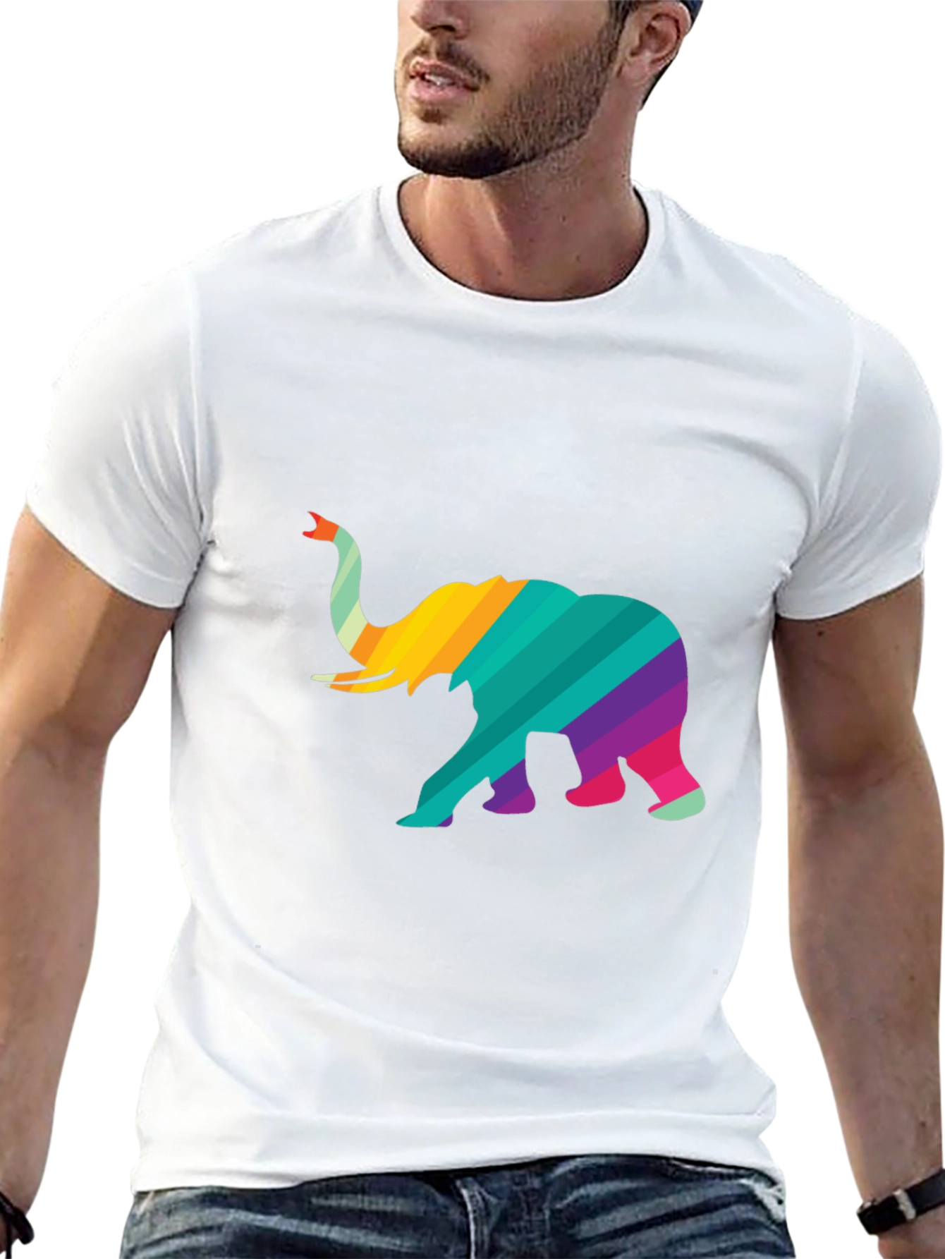 Rainbow Striped Elephant Graphic Tee - Unique Design