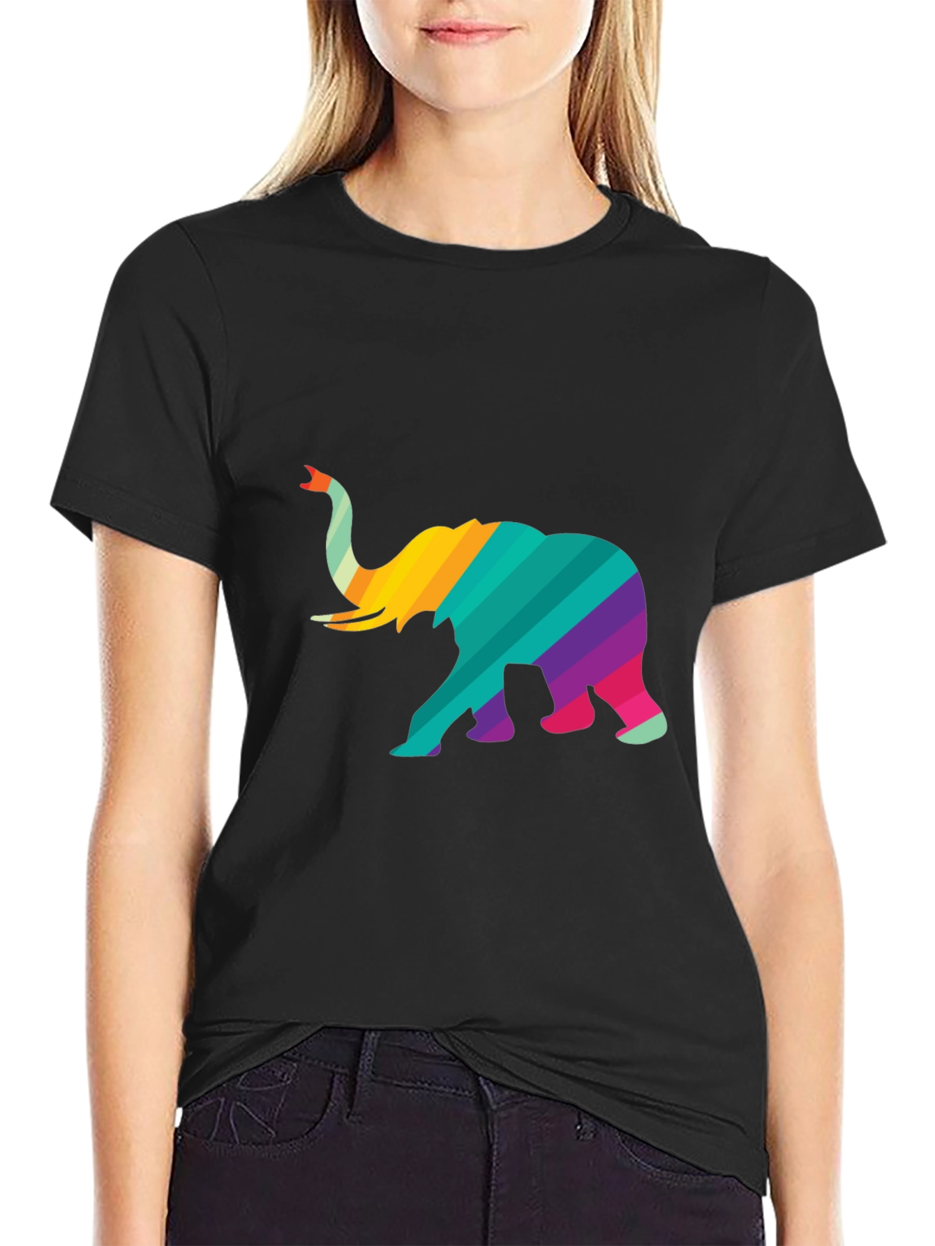 Rainbow Striped Elephant Graphic Tee - Unique Design