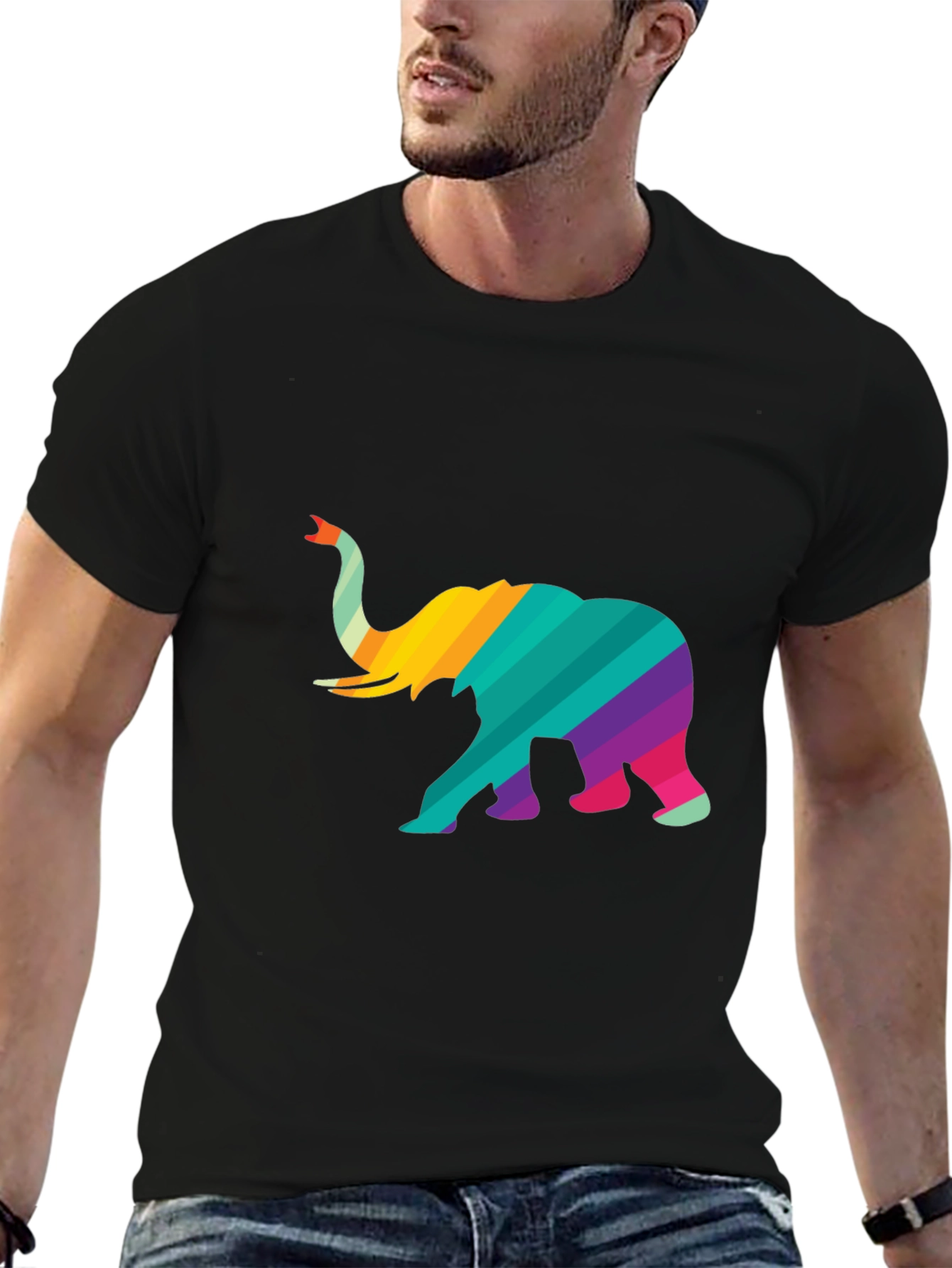 Rainbow Striped Elephant Graphic Tee - Unique Design