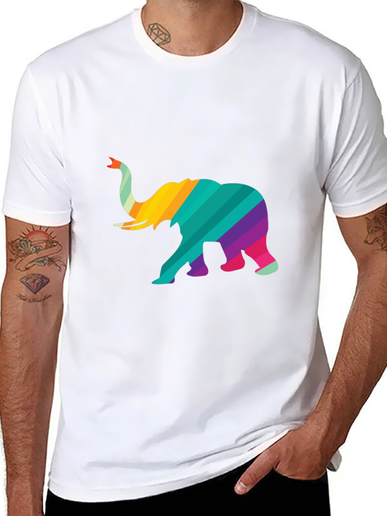 Rainbow Striped Elephant Graphic Tee - Unique Design