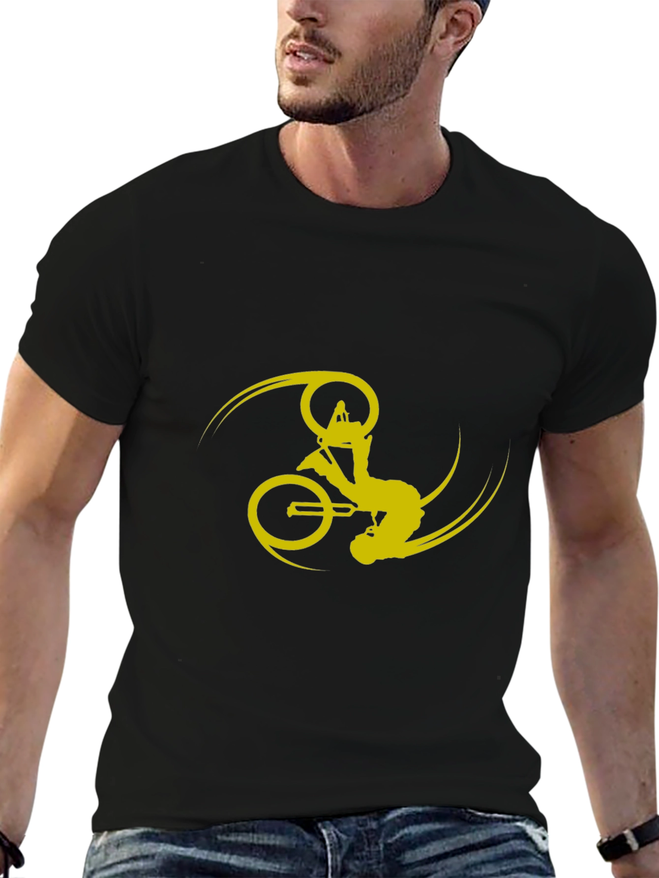 Black T-Shirt with Yellow Bike Stunt Design