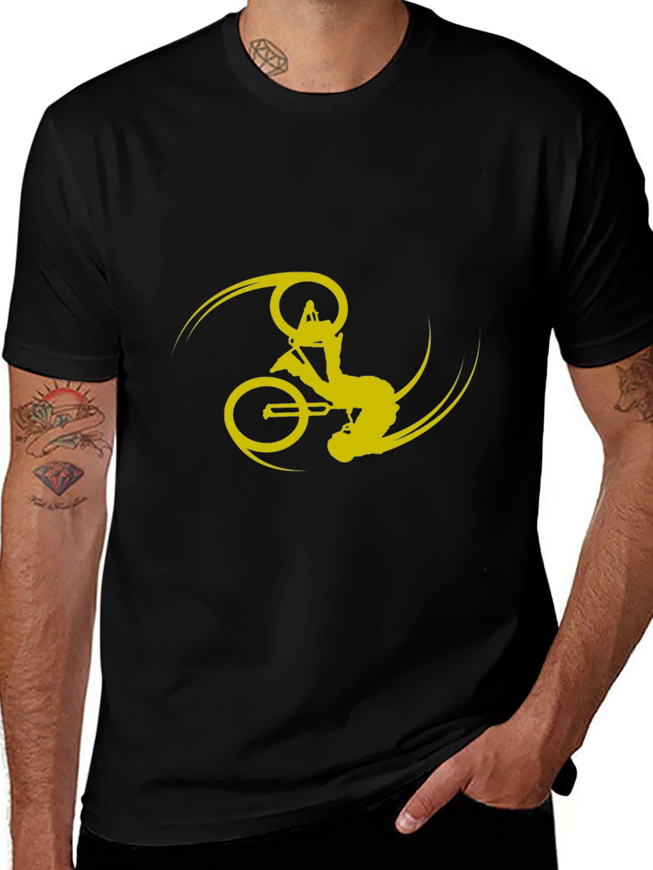 Black T-Shirt with Yellow Bike Stunt Design