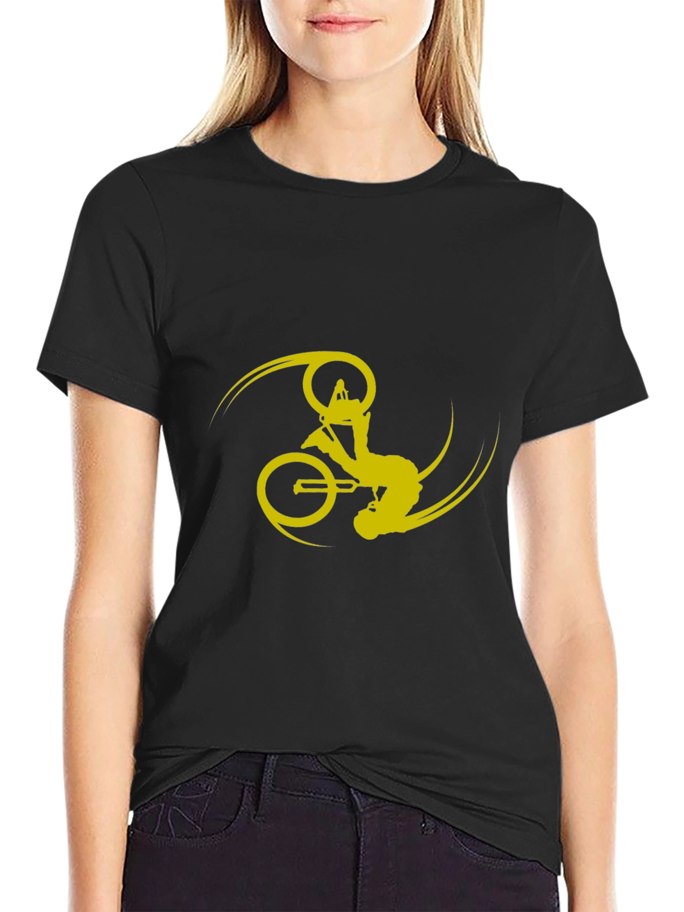 Black T-Shirt with Yellow Bike Stunt Design