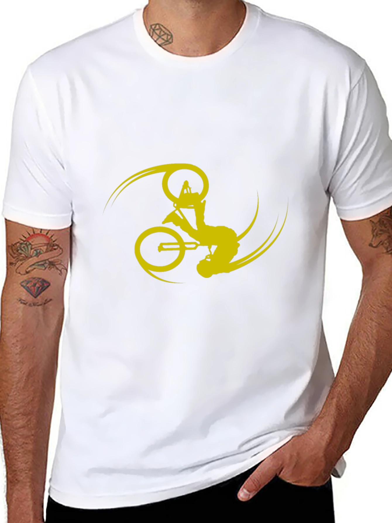 Black T-Shirt with Yellow Bike Stunt Design
