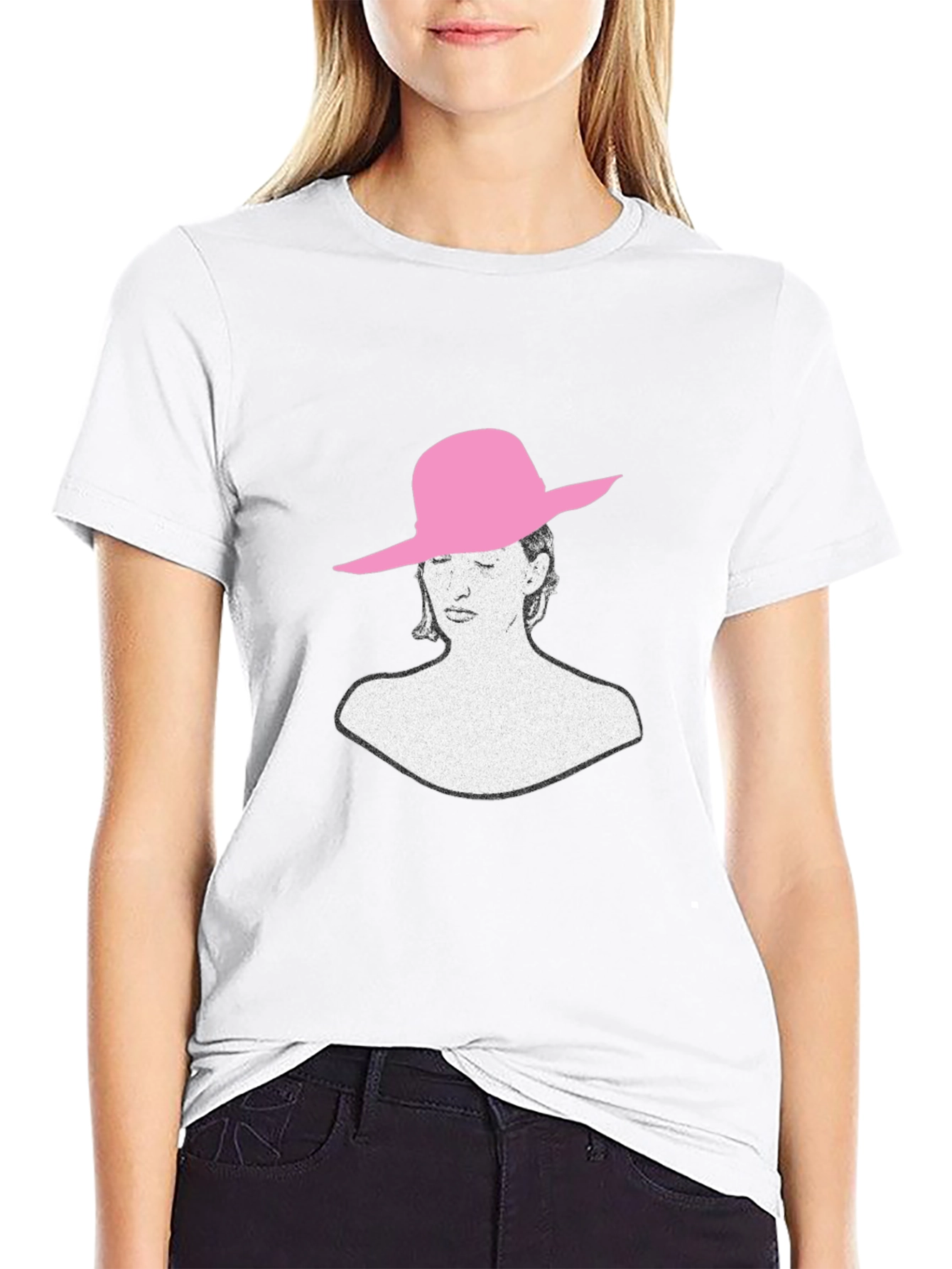 Stylish Black T-Shirt with Artistic Woman in Pink Hat
