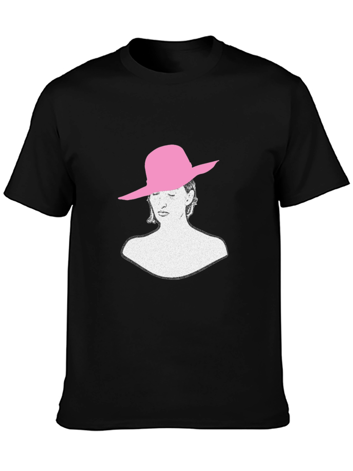 Stylish Black T-Shirt with Artistic Woman in Pink Hat