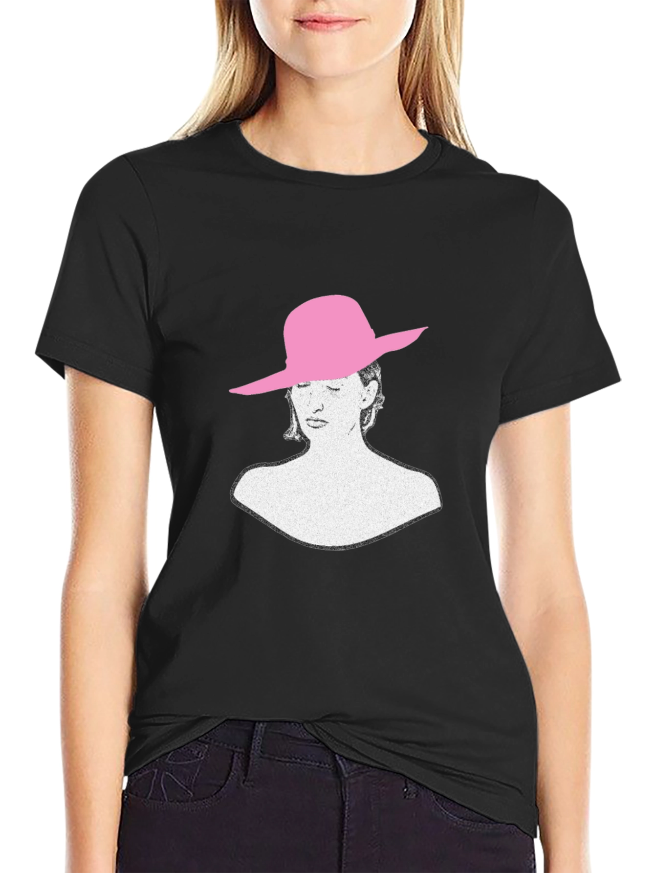Stylish Black T-Shirt with Artistic Woman in Pink Hat