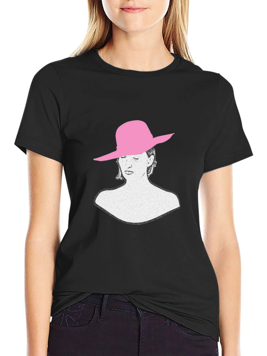 Stylish Black T-Shirt with Artistic Woman in Pink Hat