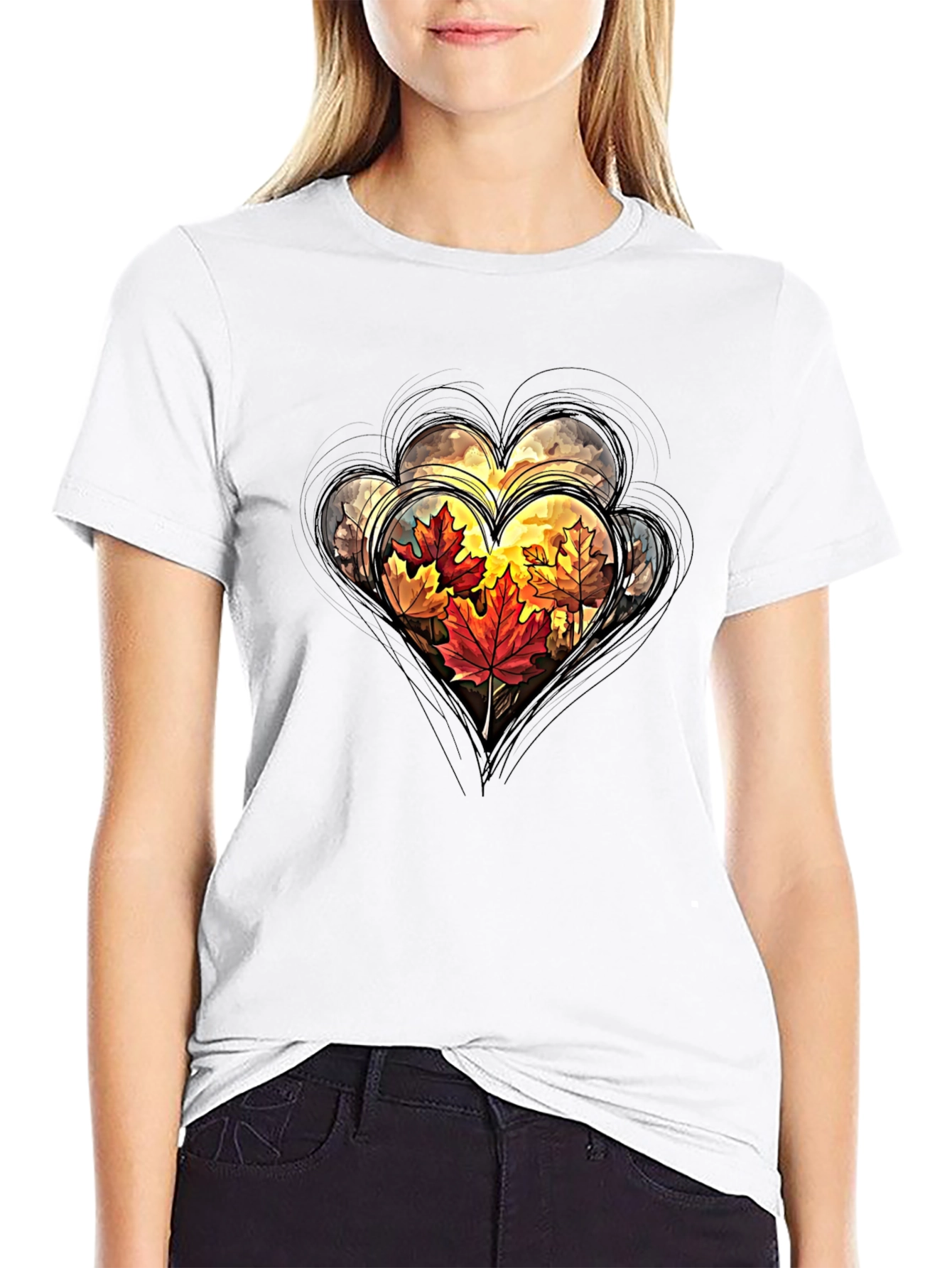 Autumn Leaves Heart Graphic Tee - Stylish Fall Apparel