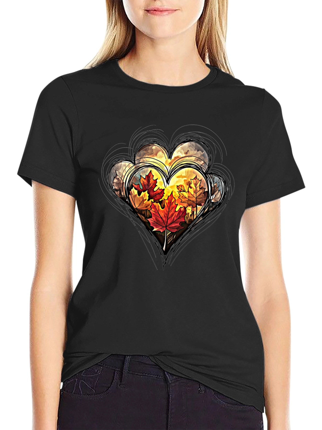 Autumn Leaves Heart Graphic Tee - Stylish Fall Apparel
