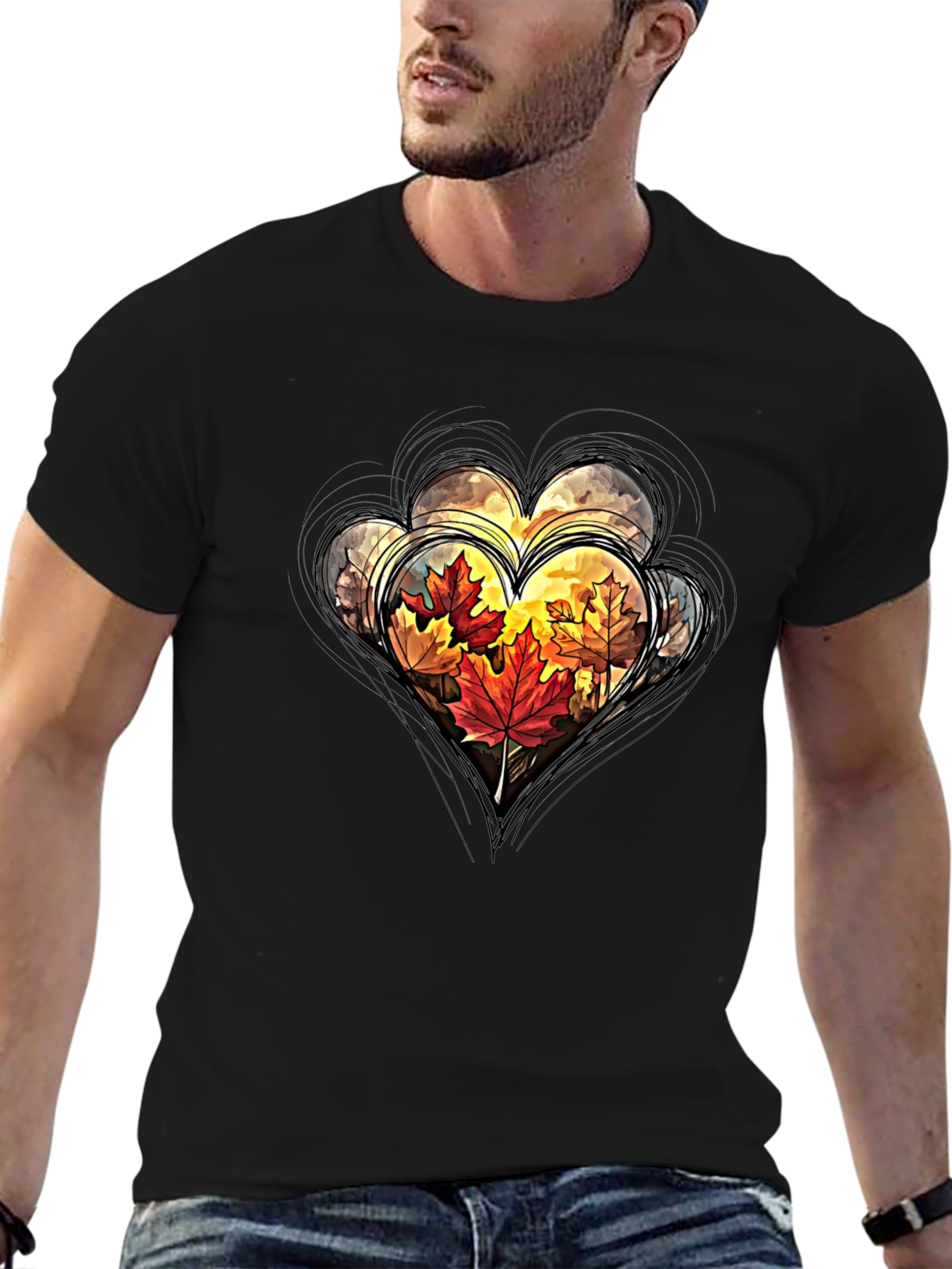 Autumn Leaves Heart Graphic Tee - Stylish Fall Apparel