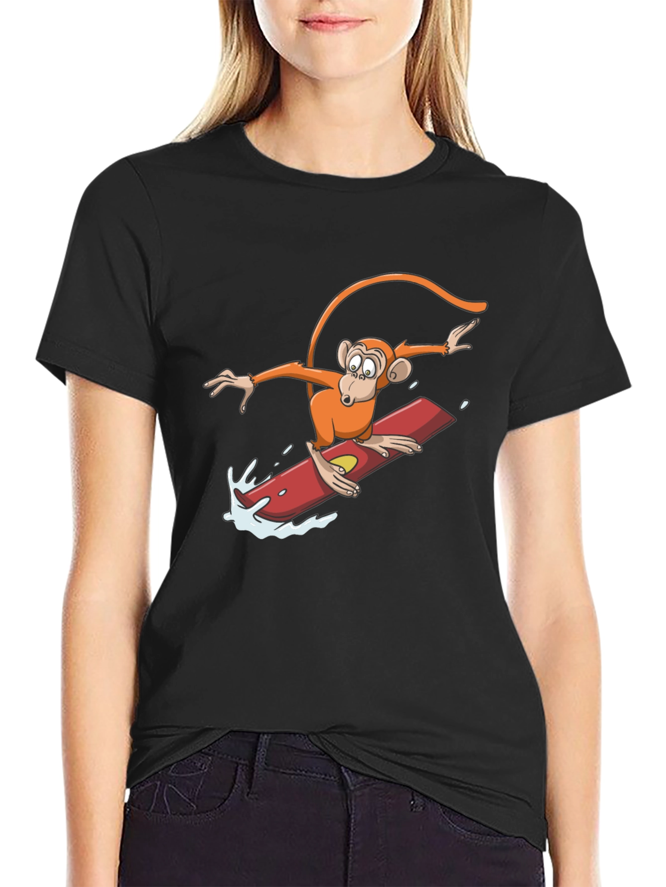 Surfing Monkey Graphic Tee - Black Cotton T-Shirt