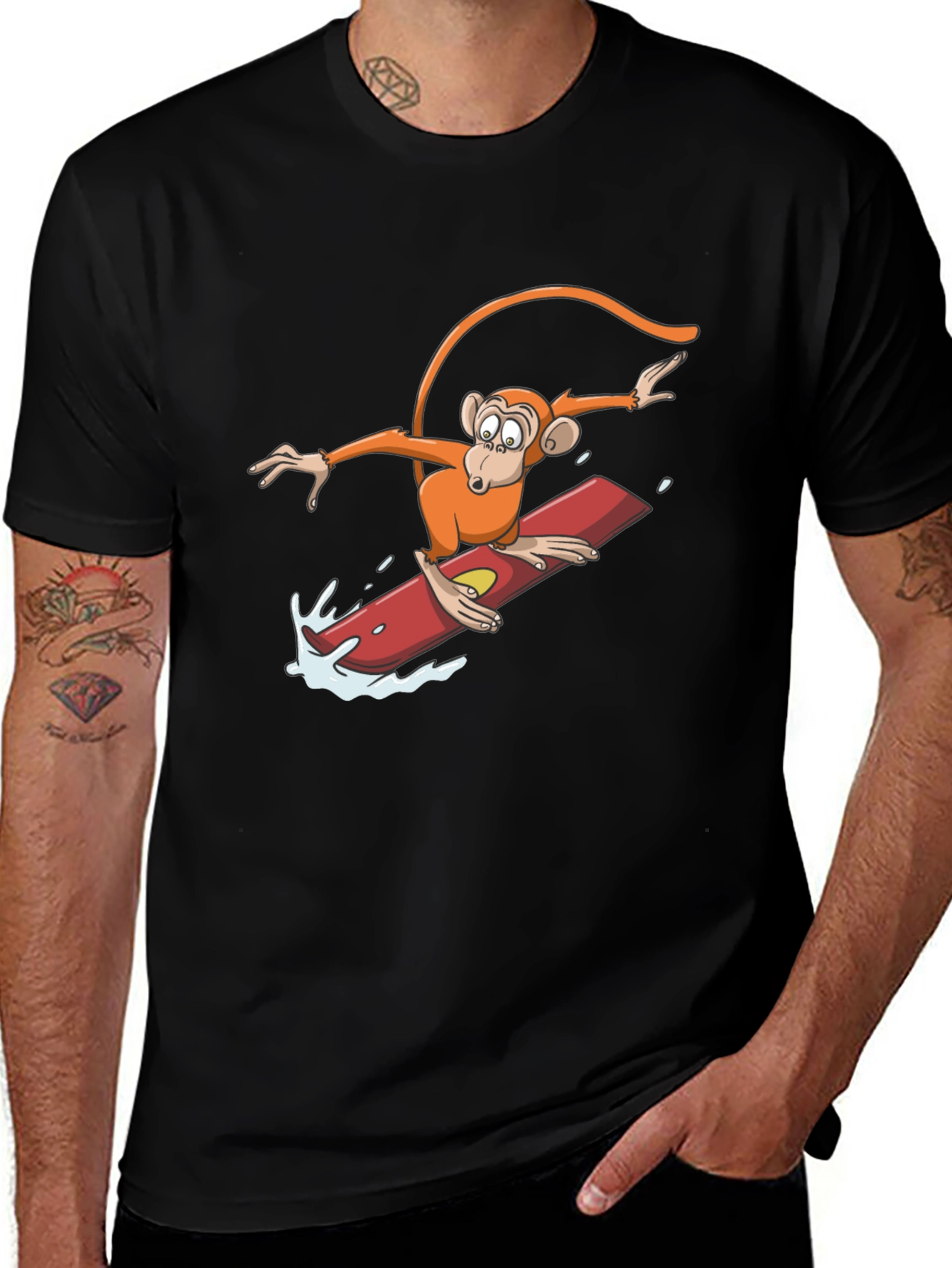 Surfing Monkey Graphic Tee - Black Cotton T-Shirt