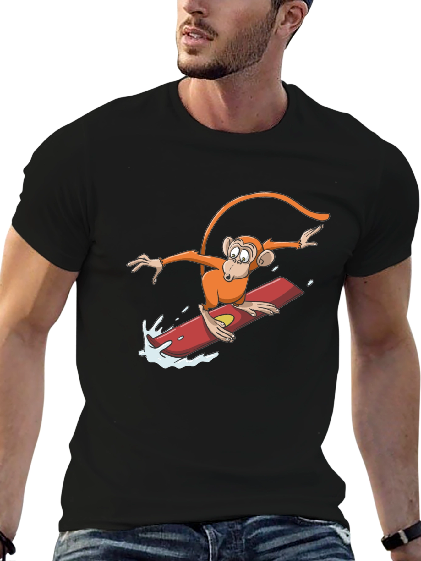 Surfing Monkey Graphic Tee - Black Cotton T-Shirt