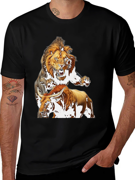 Lion & Bull Graphic Print Tee - Bold Black T-Shirt