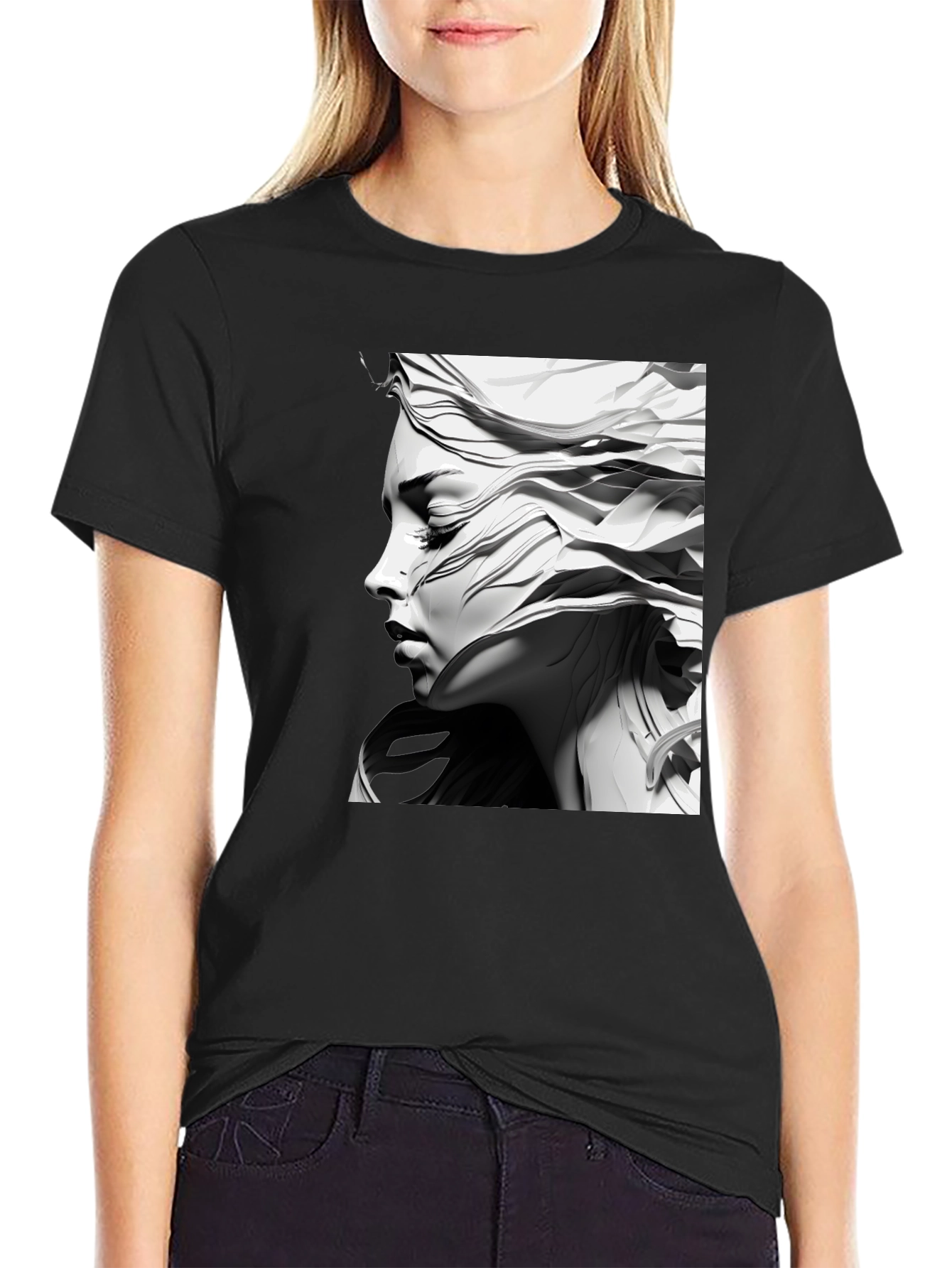 Artistic Woman Graphic Tee - Black Cotton Comfort