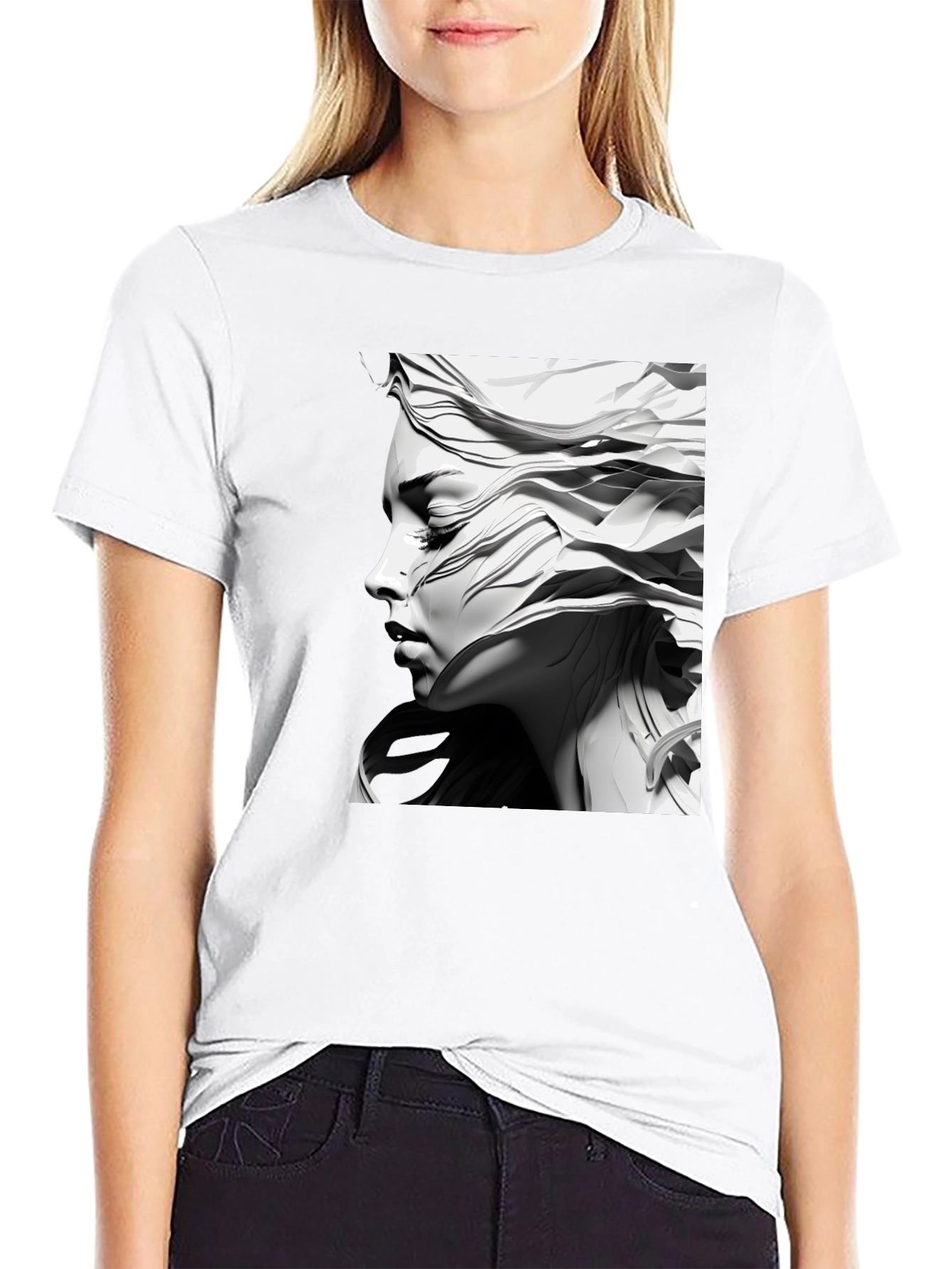 Artistic Woman Graphic Tee - Black Cotton Comfort