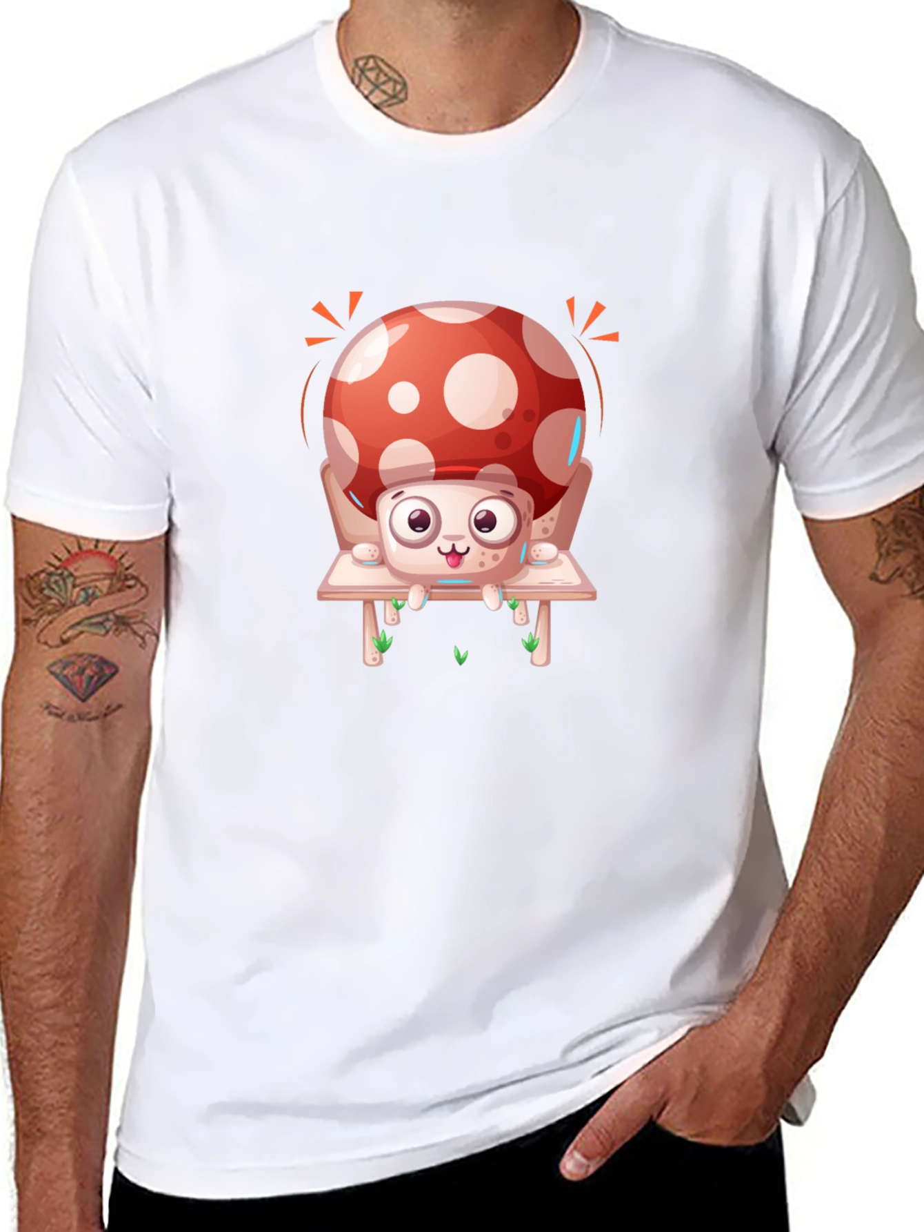 Mushroom Graphic Tee - Whimsical Design Black Cotton