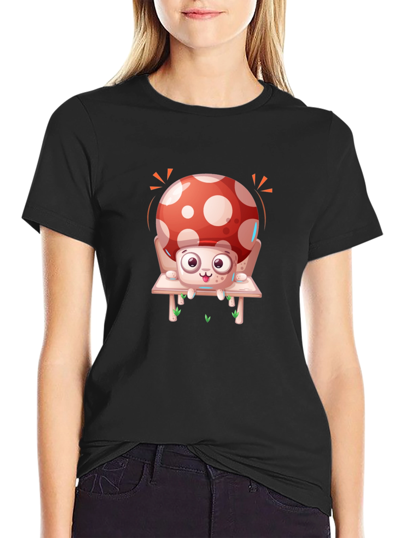 Mushroom Graphic Tee - Whimsical Design Black Cotton
