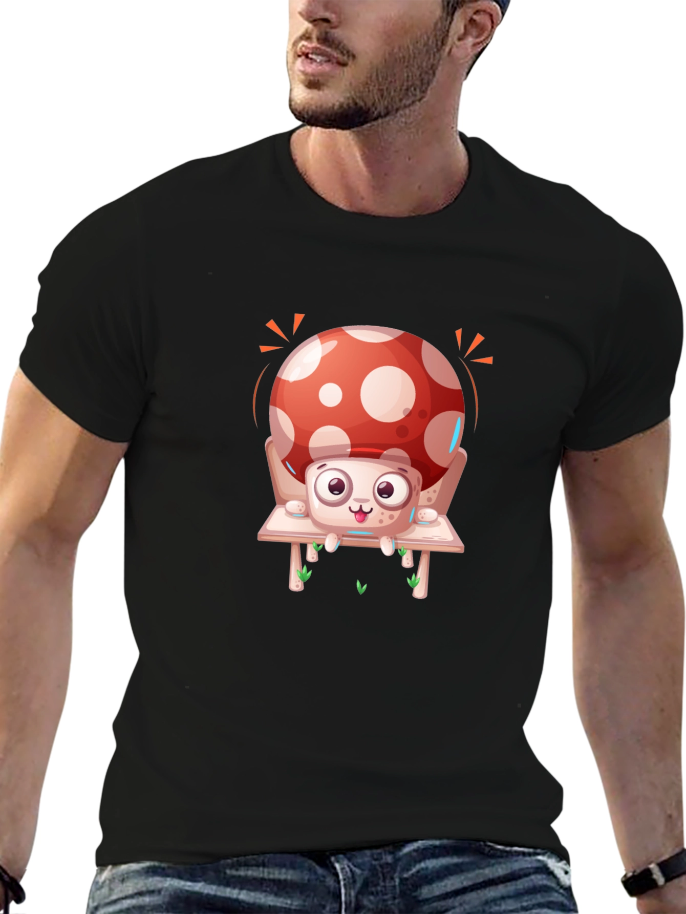 Mushroom Graphic Tee - Whimsical Design Black Cotton