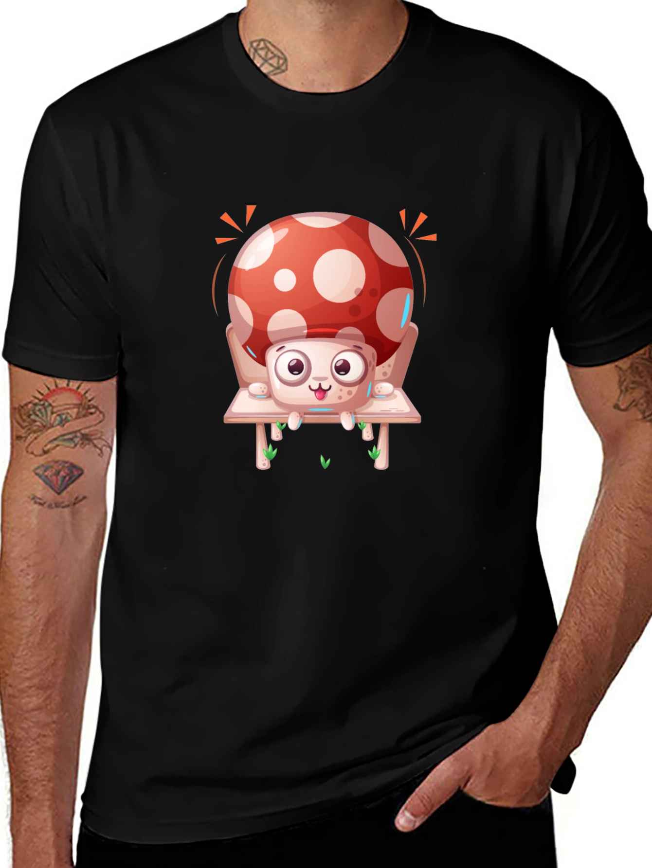 Mushroom Graphic Tee - Whimsical Design Black Cotton