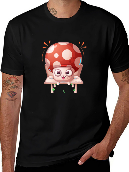 Mushroom Graphic Tee - Whimsical Design Black Cotton