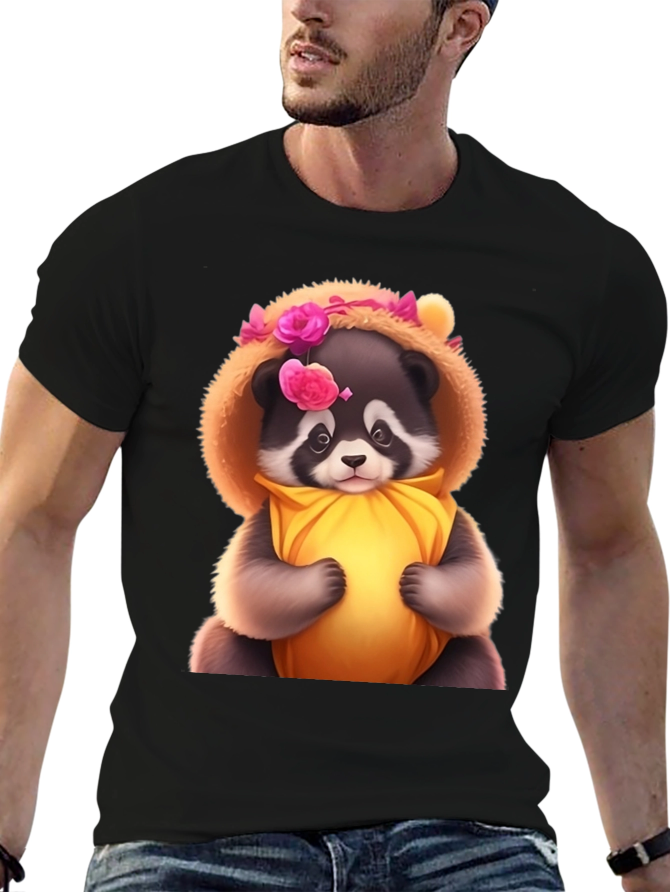 Cute Raccoon in Floral Hood T-Shirt
