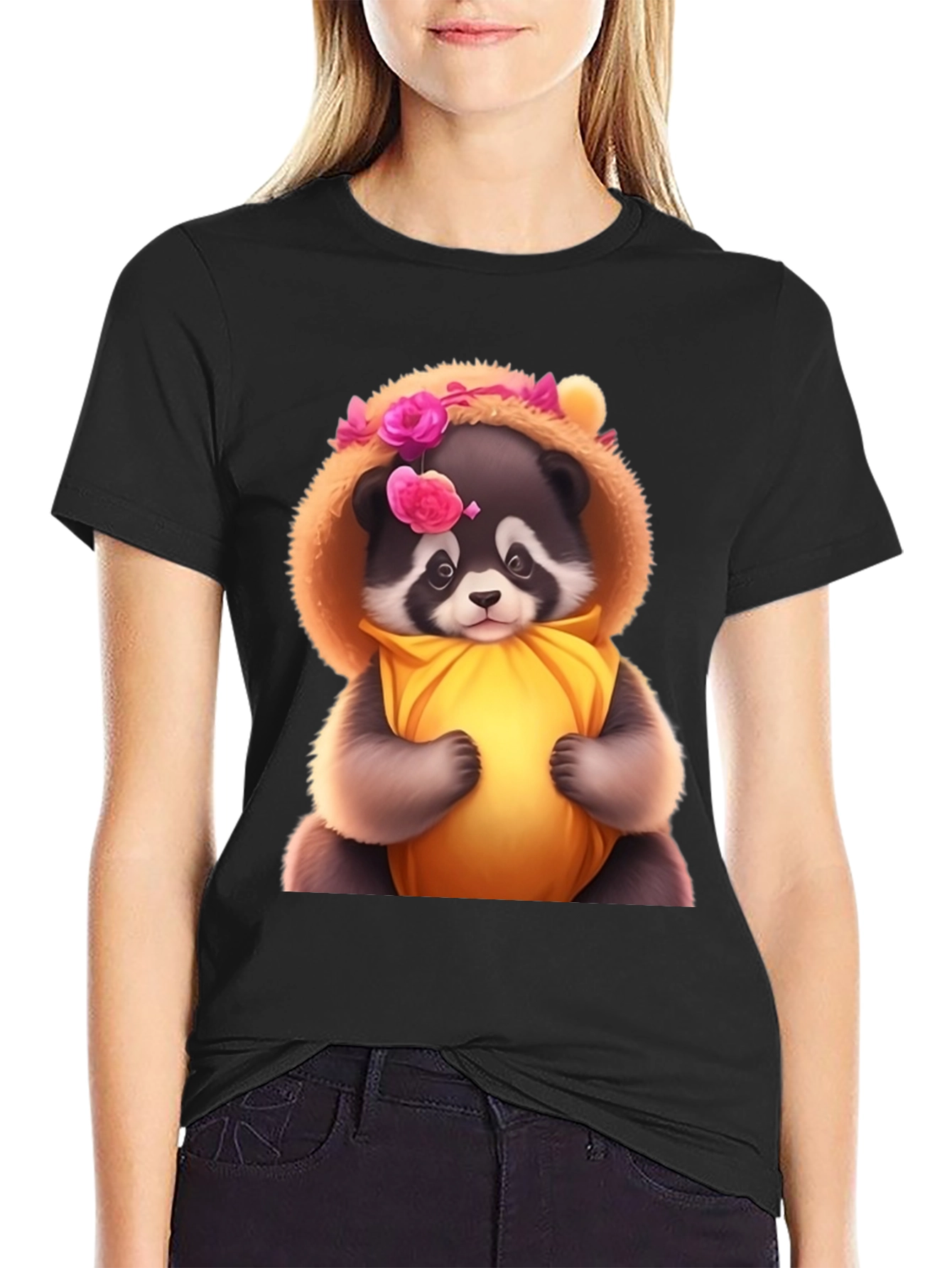 Cute Raccoon in Floral Hood T-Shirt