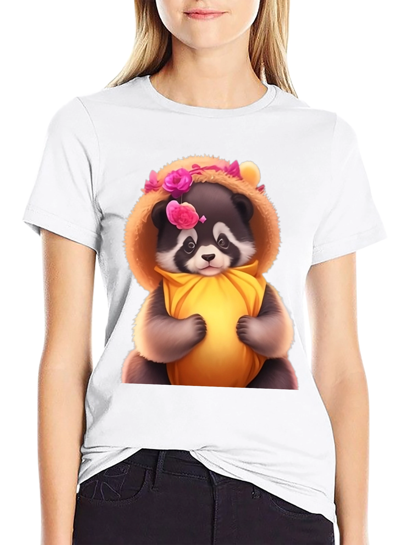 Cute Raccoon in Floral Hood T-Shirt