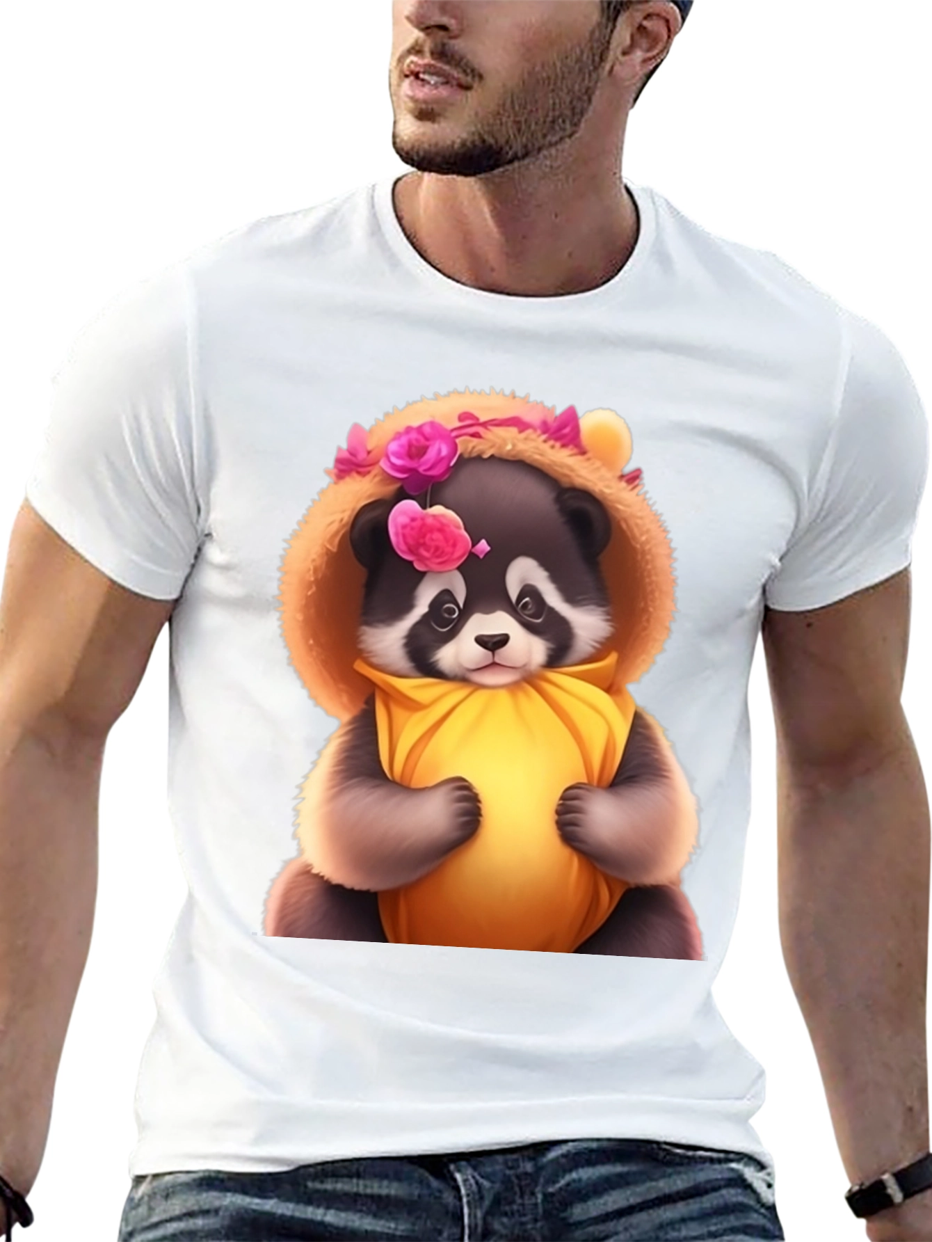 Cute Raccoon in Floral Hood T-Shirt