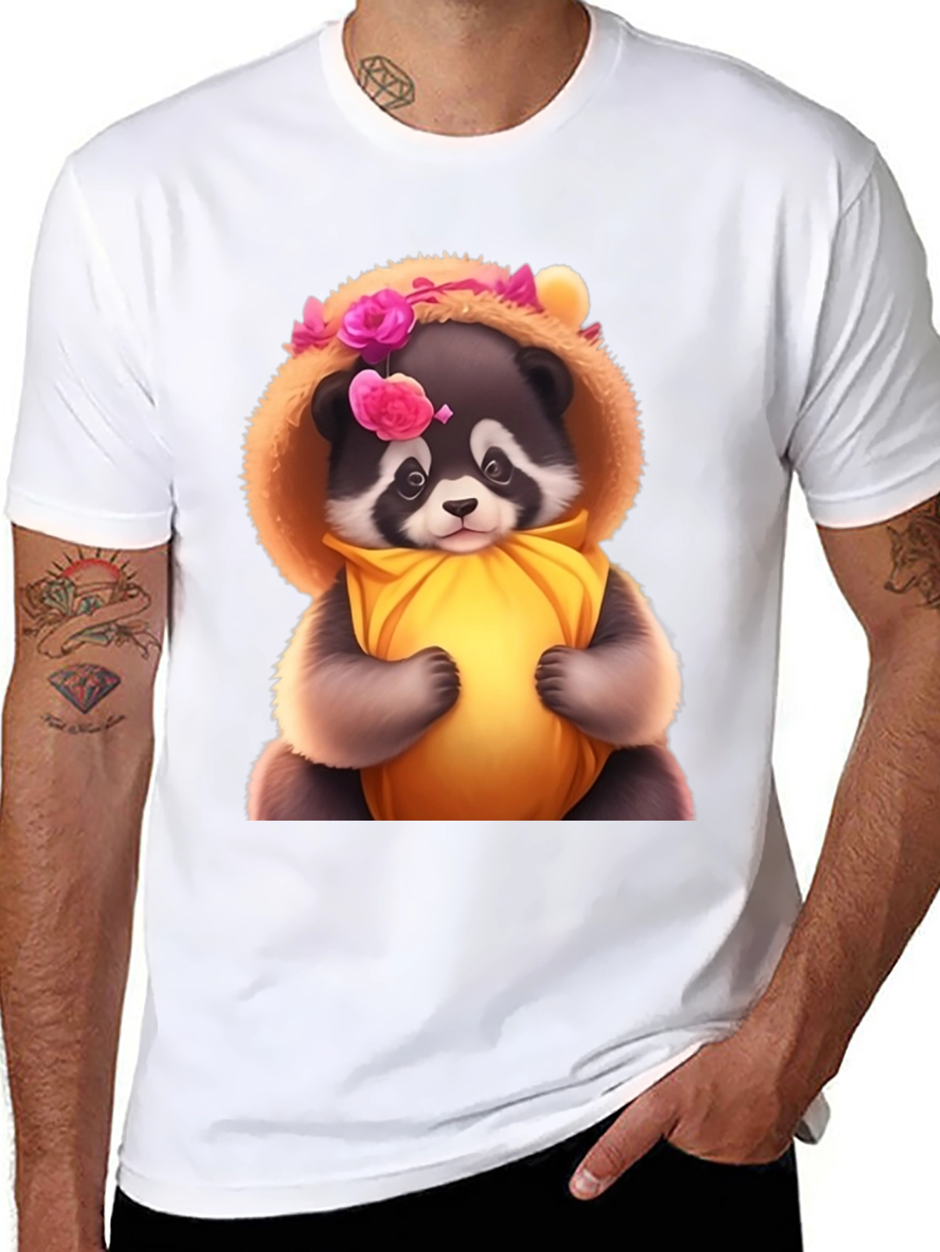 Cute Raccoon in Floral Hood T-Shirt