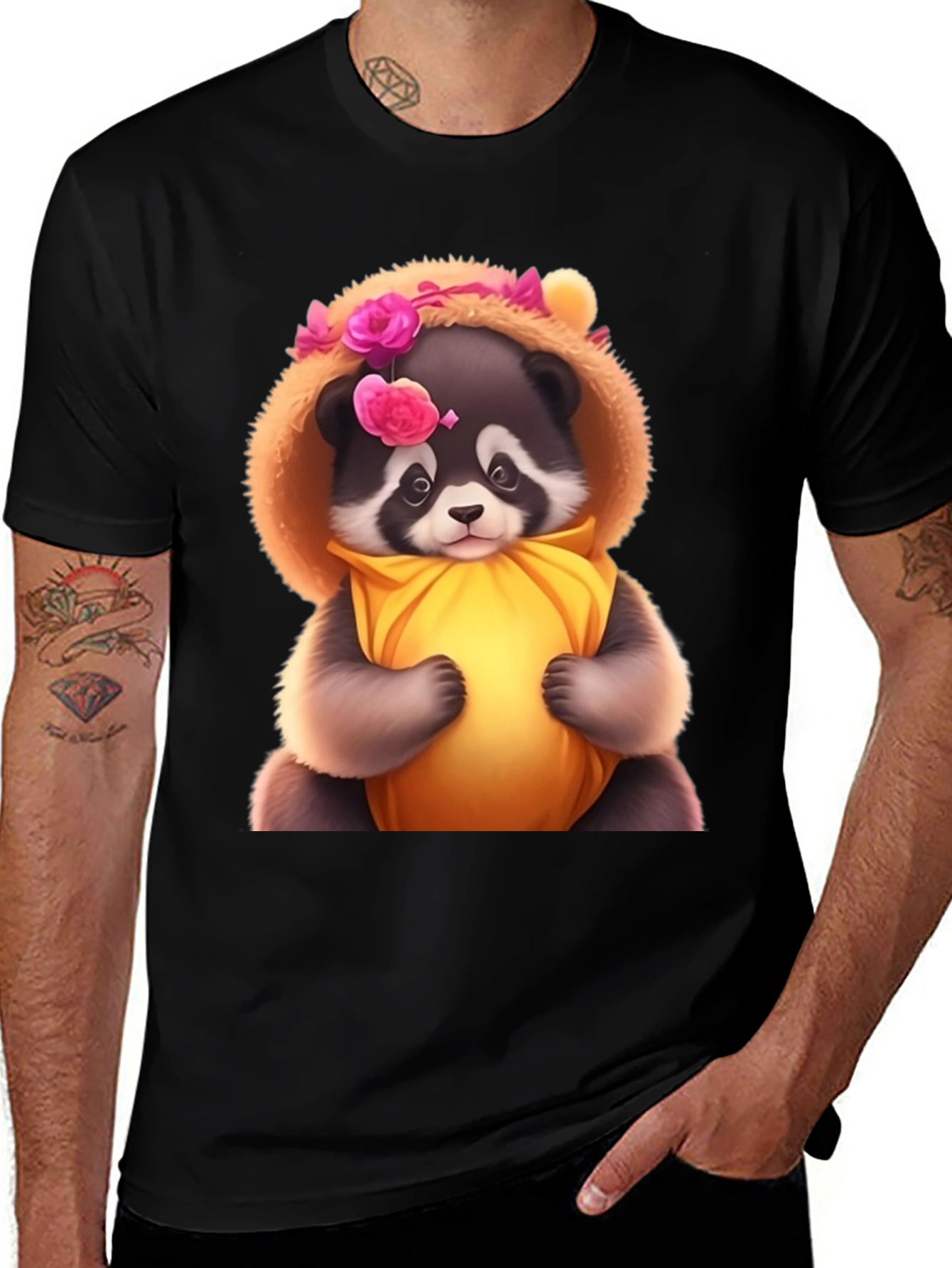 Cute Raccoon in Floral Hood T-Shirt