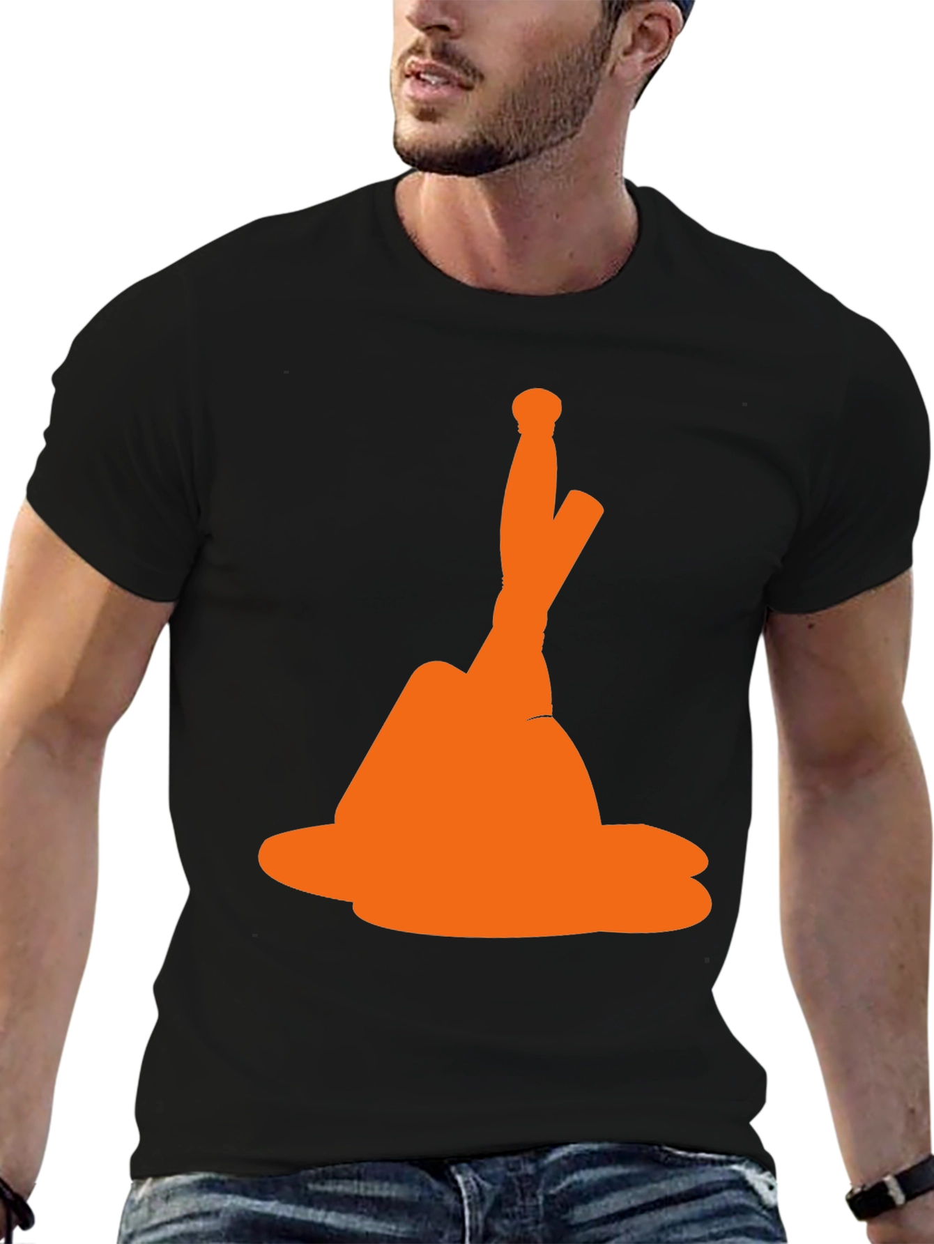 Novelty Orange Hat Graphic Black T-Shirt