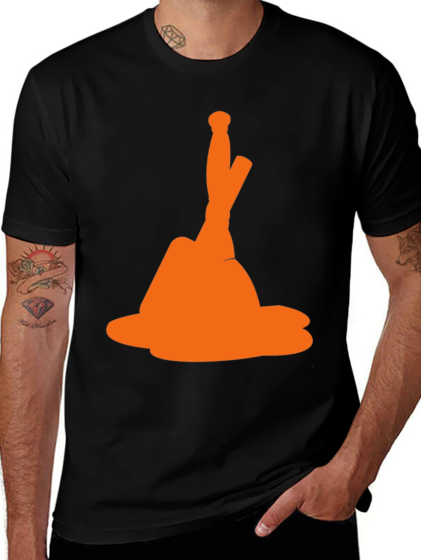Novelty Orange Hat Graphic Black T-Shirt