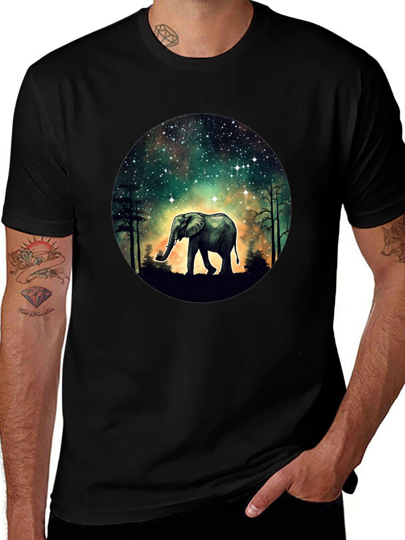 Elephant in Galaxy T-Shirt - Black Cotton Tee