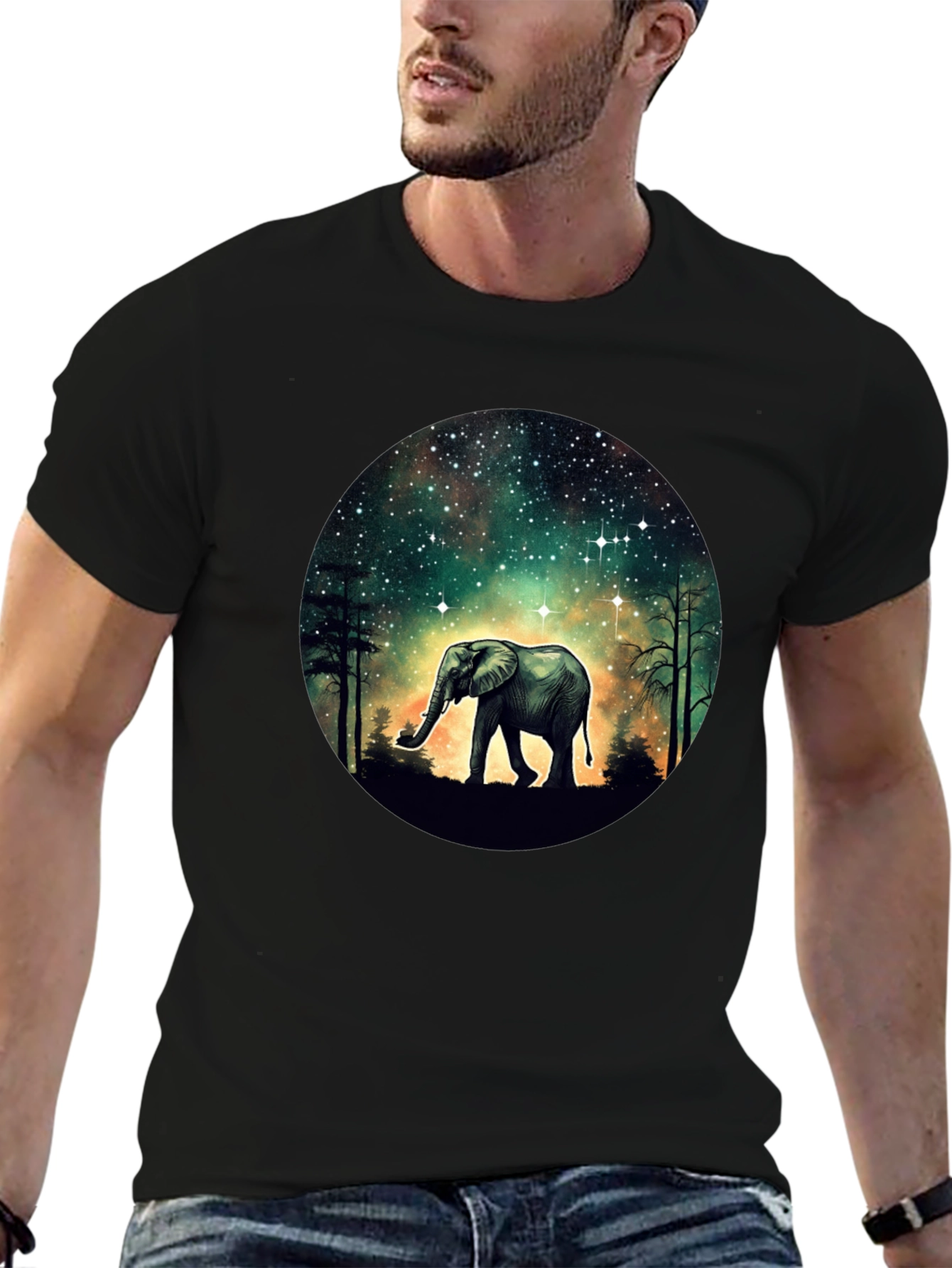 Elephant in Galaxy T-Shirt - Black Cotton Tee