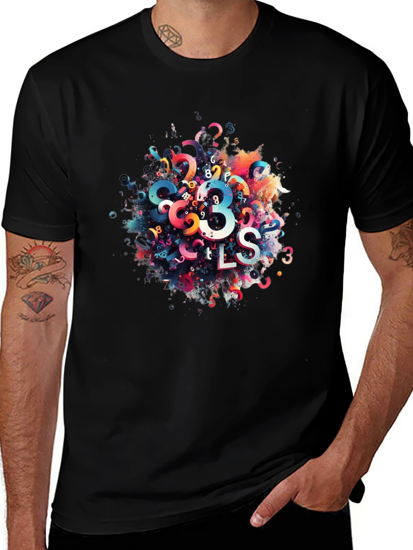 Abstract Numbers Graphic Print Black T-Shirt