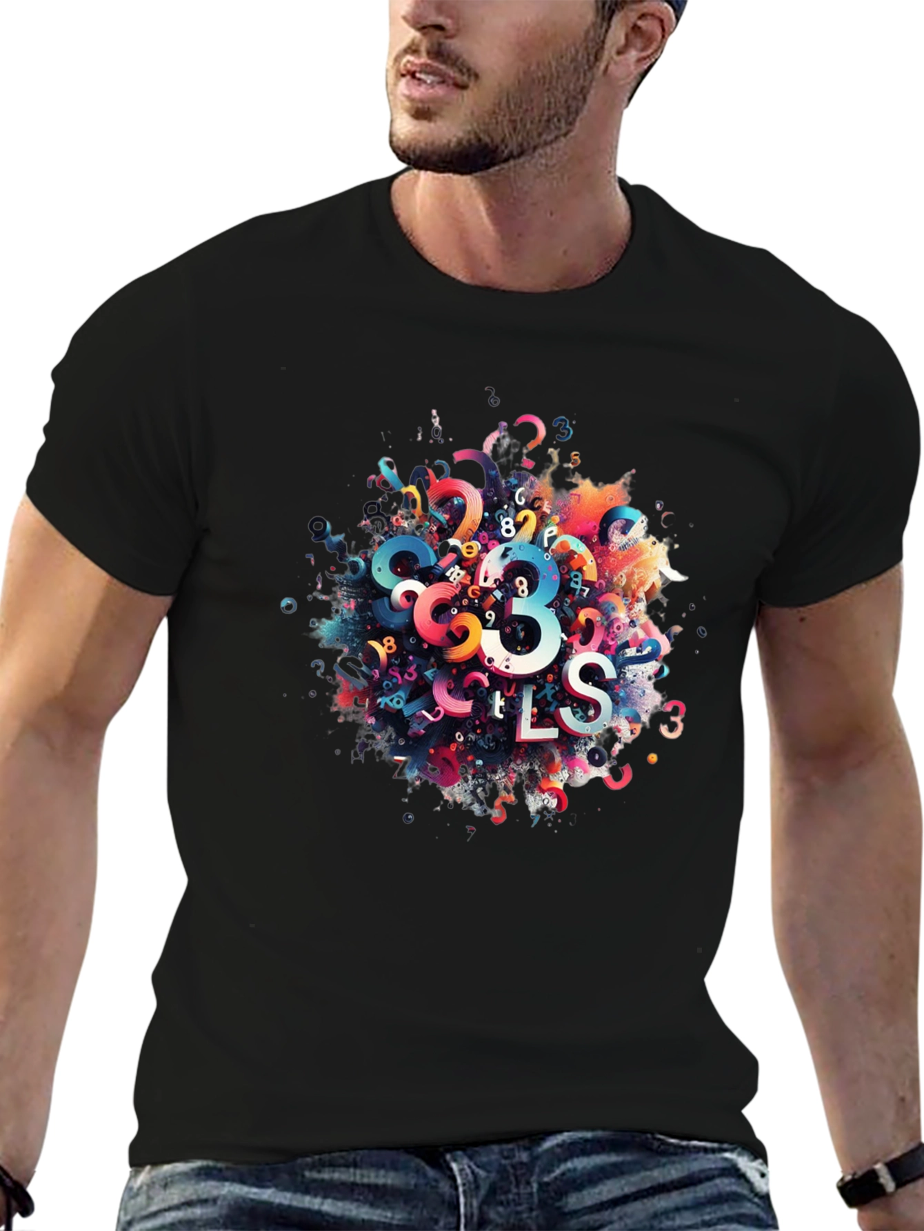 Abstract Numbers Graphic Print Black T-Shirt