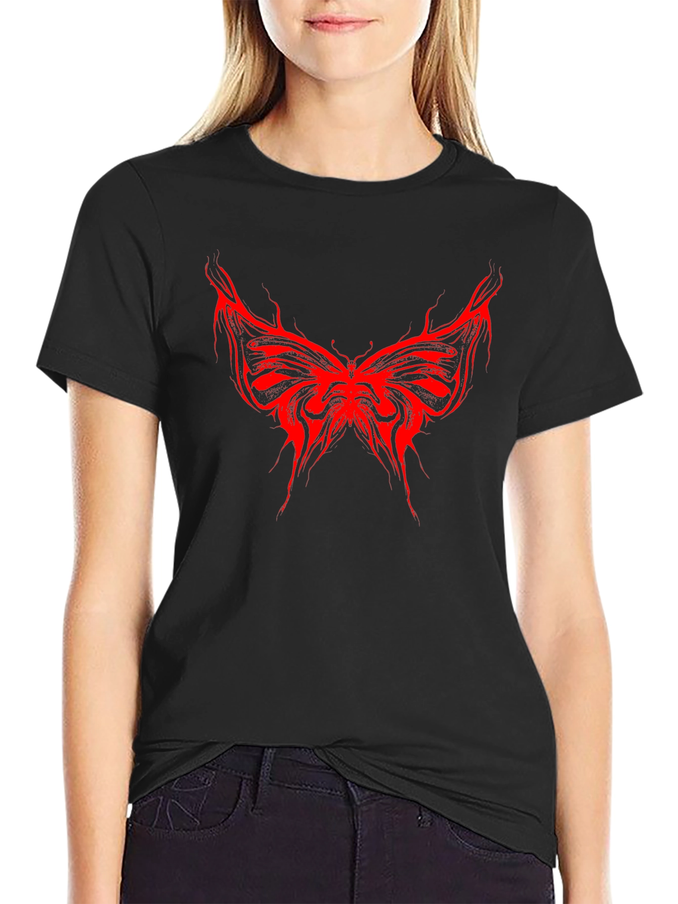 Edgy Red Butterfly Graphic Black T-Shirt