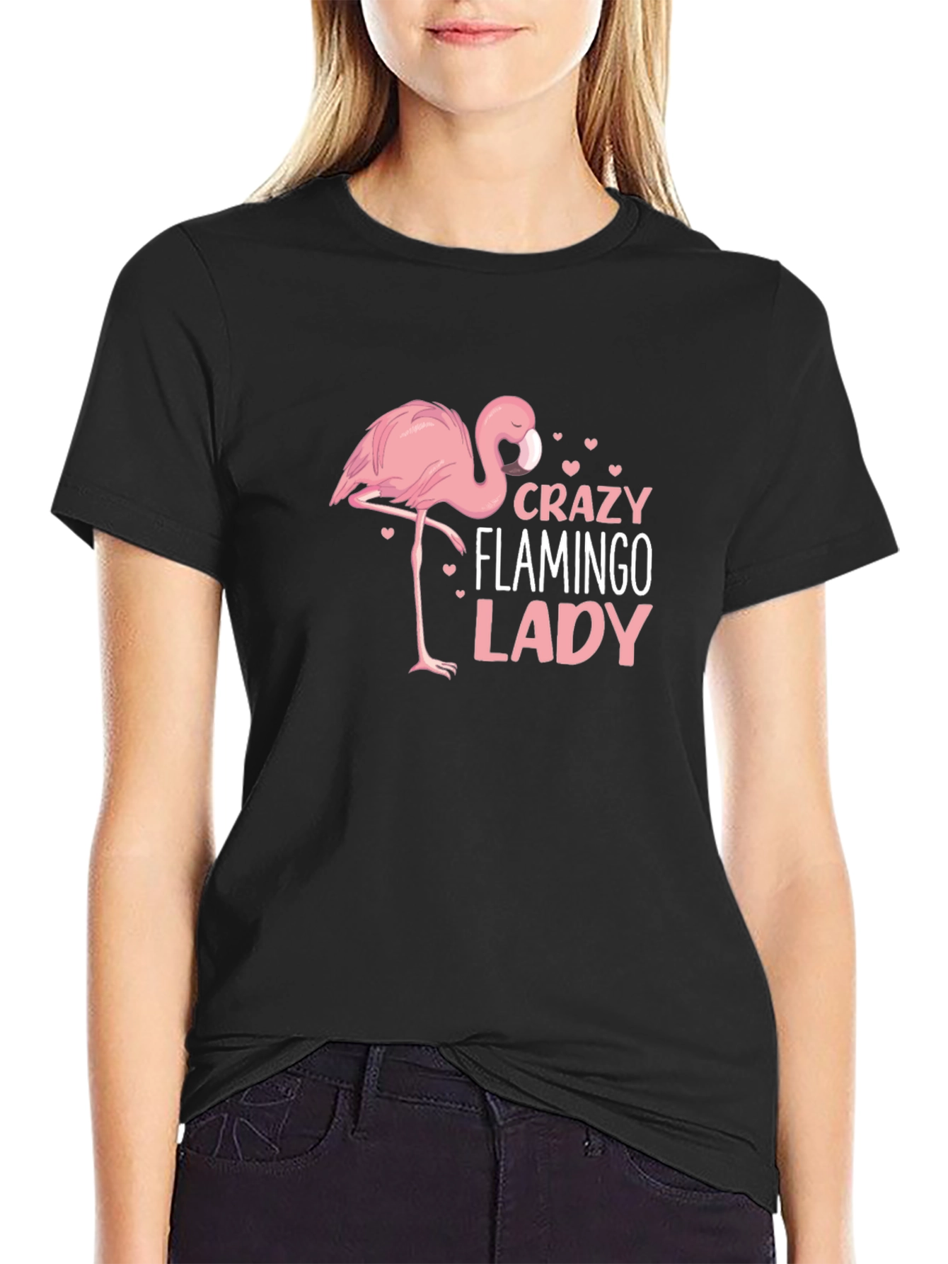 Crazy Flamingo Lady Black Graphic Tee