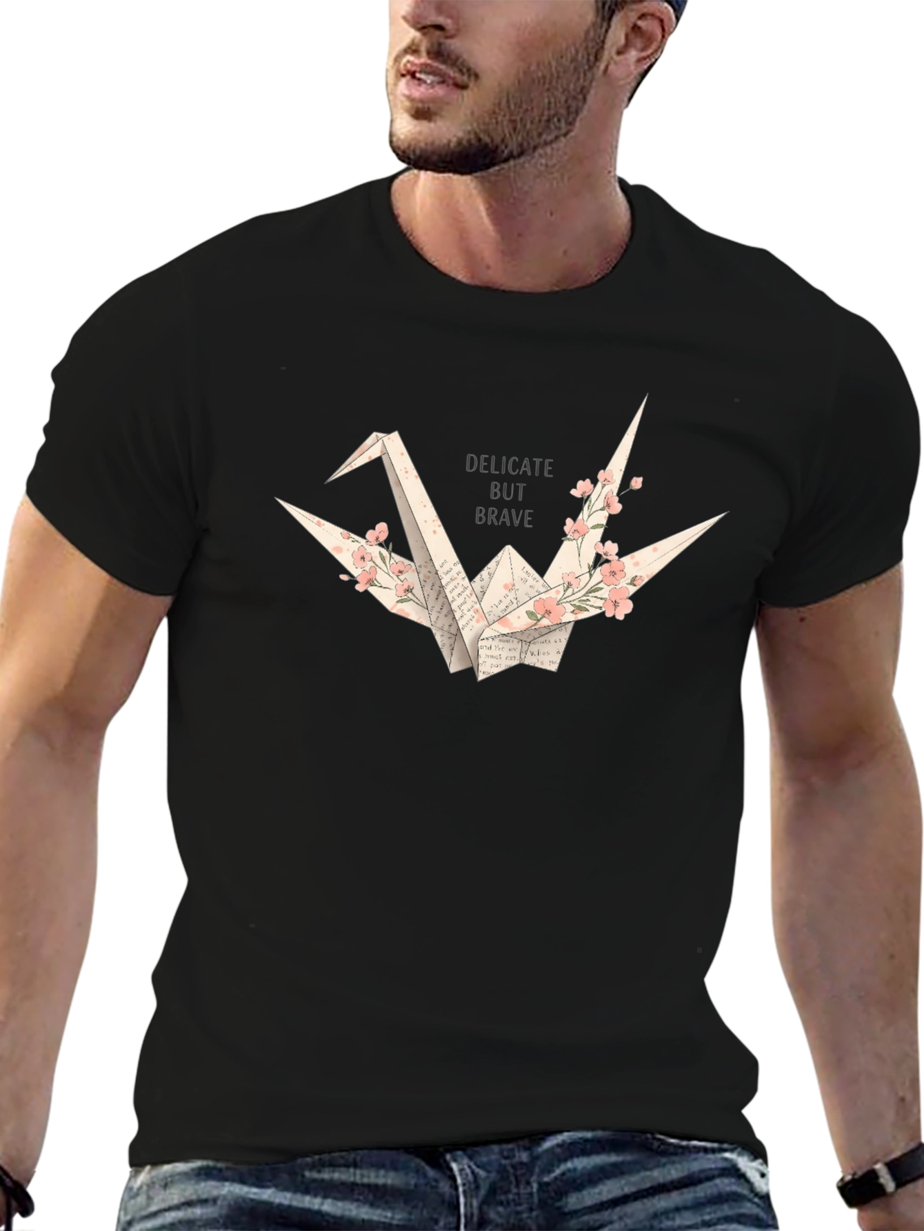 Delicate But Brave Origami Crane Black T-Shirt