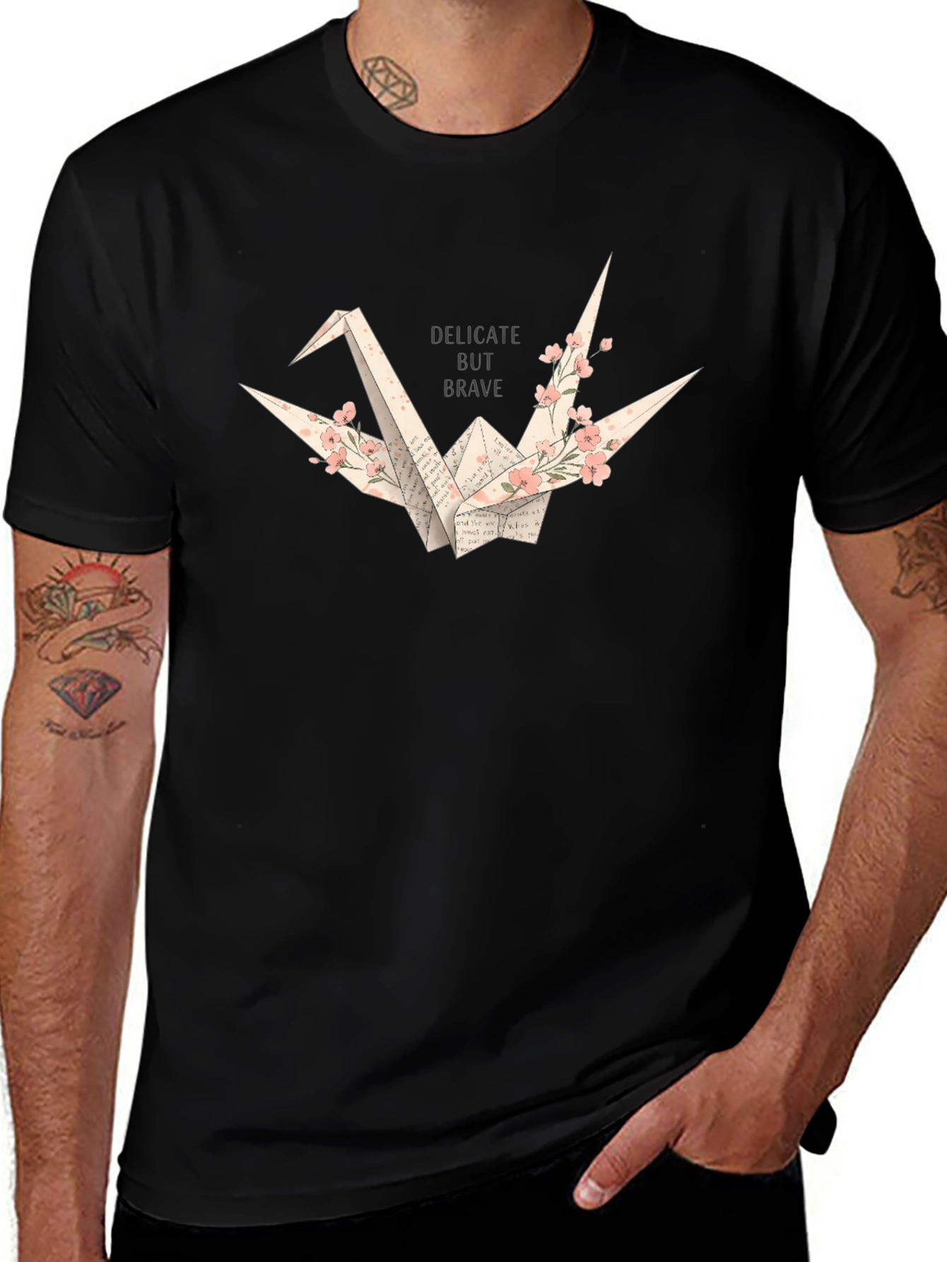 Delicate But Brave Origami Crane Black T-Shirt