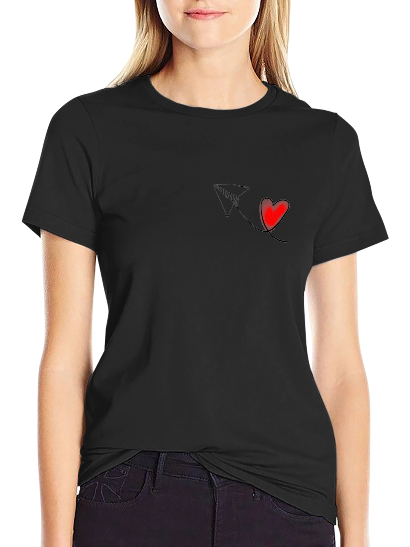 Black T-Shirt with Paper Plane & Heart Design