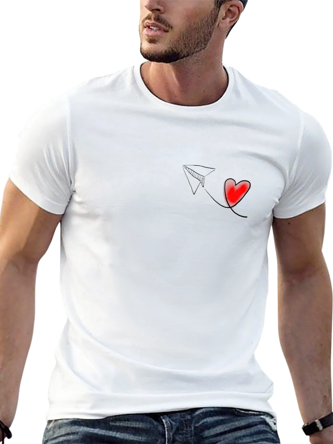Black T-Shirt with Paper Plane & Heart Design