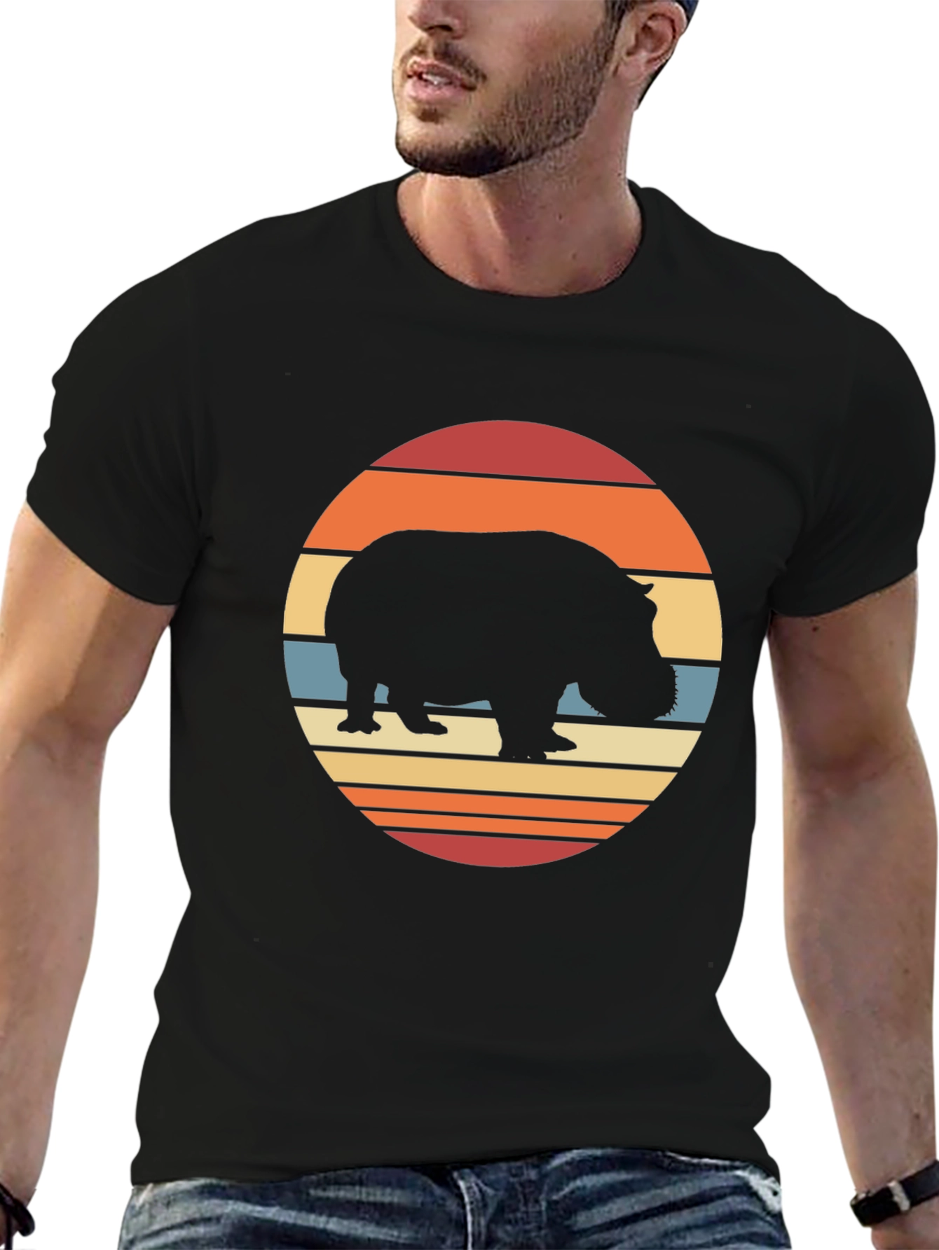 Retro Hippo Sunset T-Shirt - Black