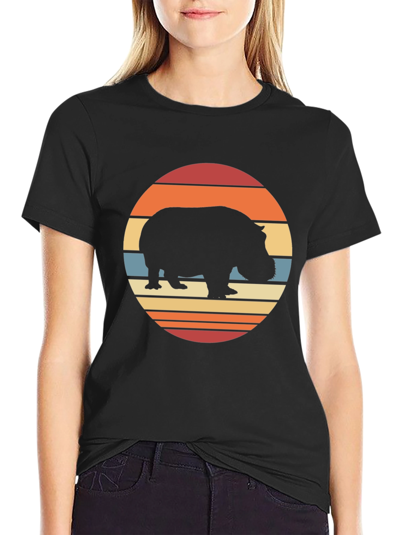 Retro Hippo Sunset T-Shirt - Black