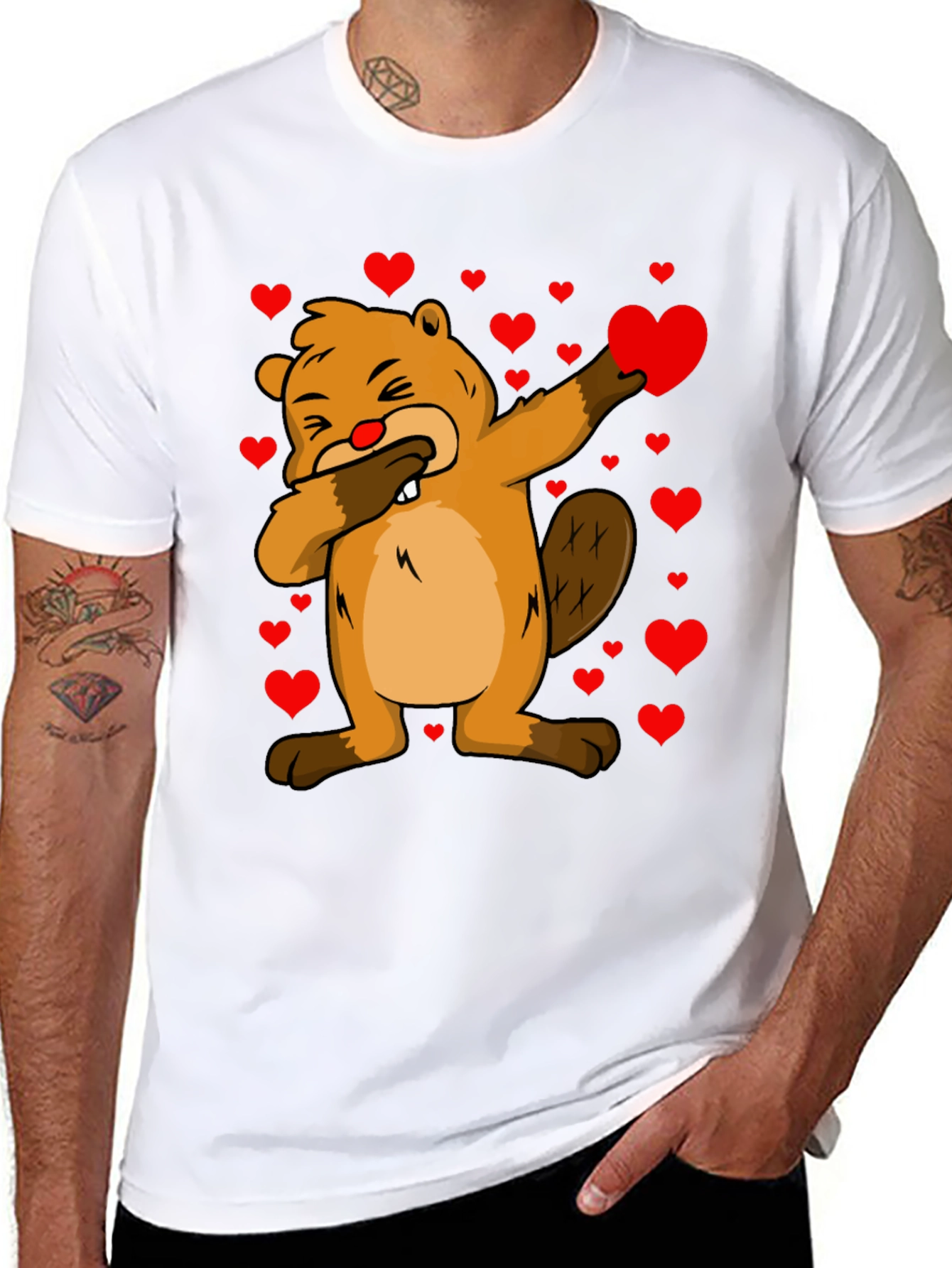 Valentines Day Beaver T-Shirt - Dab Pose with Hearts