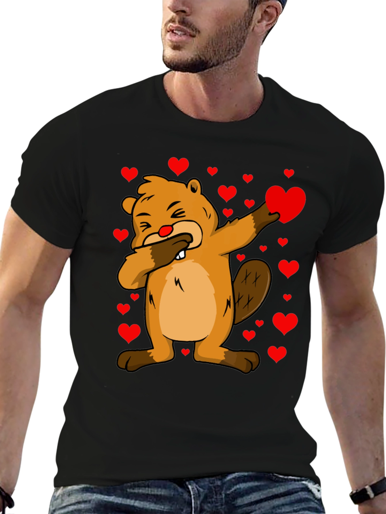 Valentines Day Beaver T-Shirt - Dab Pose with Hearts